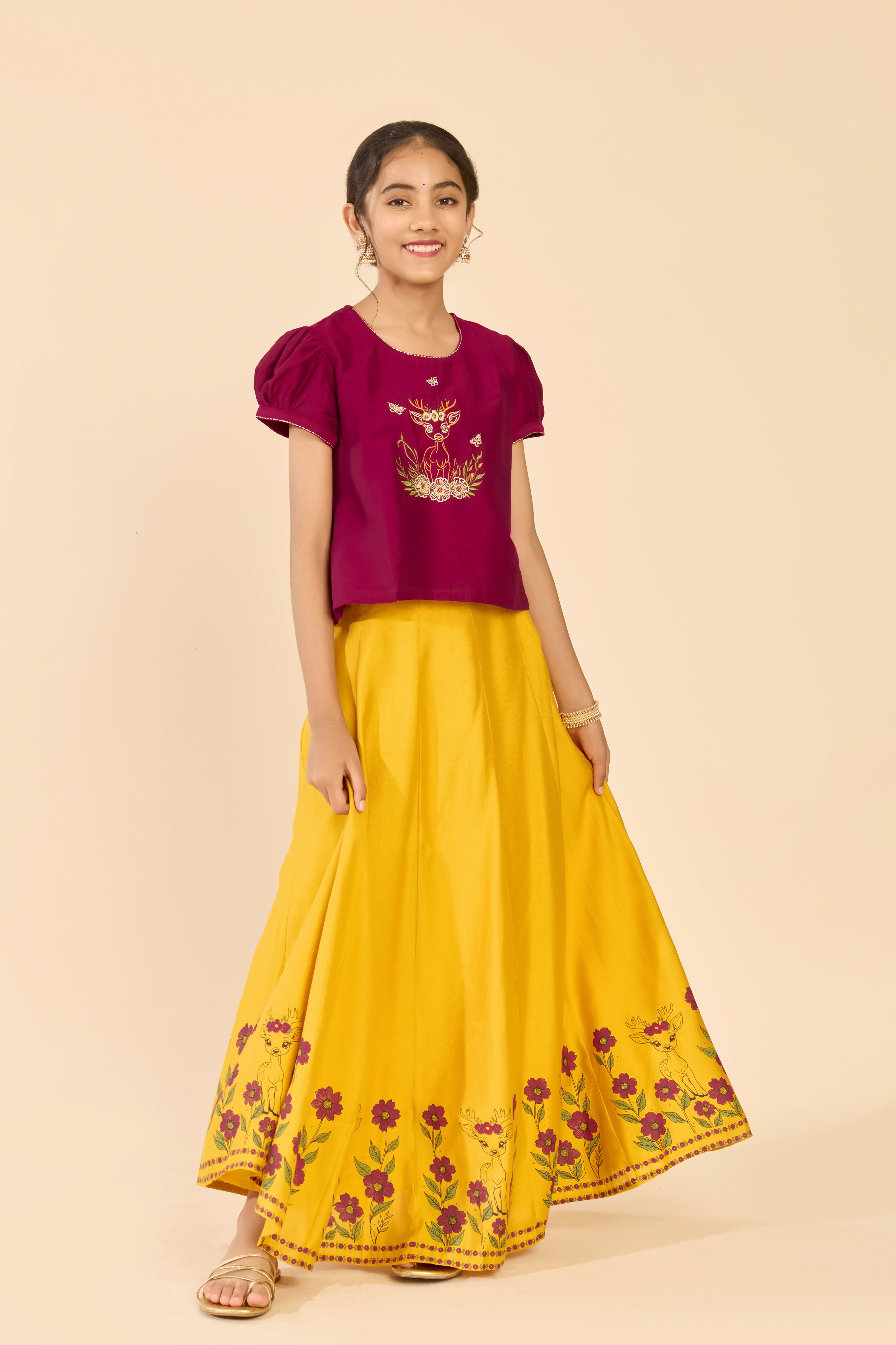 Maroon & Mustard Deer Embroidered Kids Skirt Set