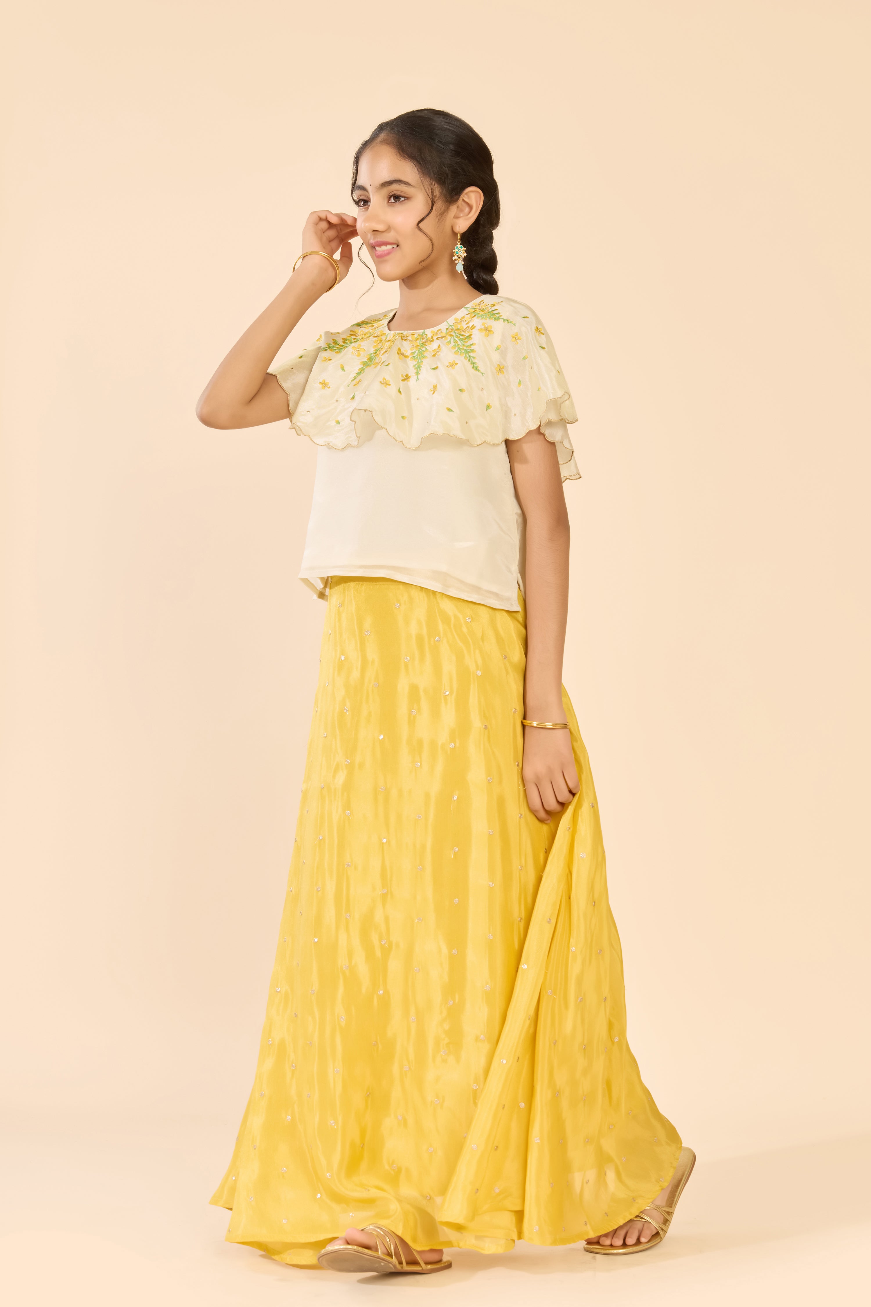 Off White Floral Top & Yellow Mirror Skirt Set