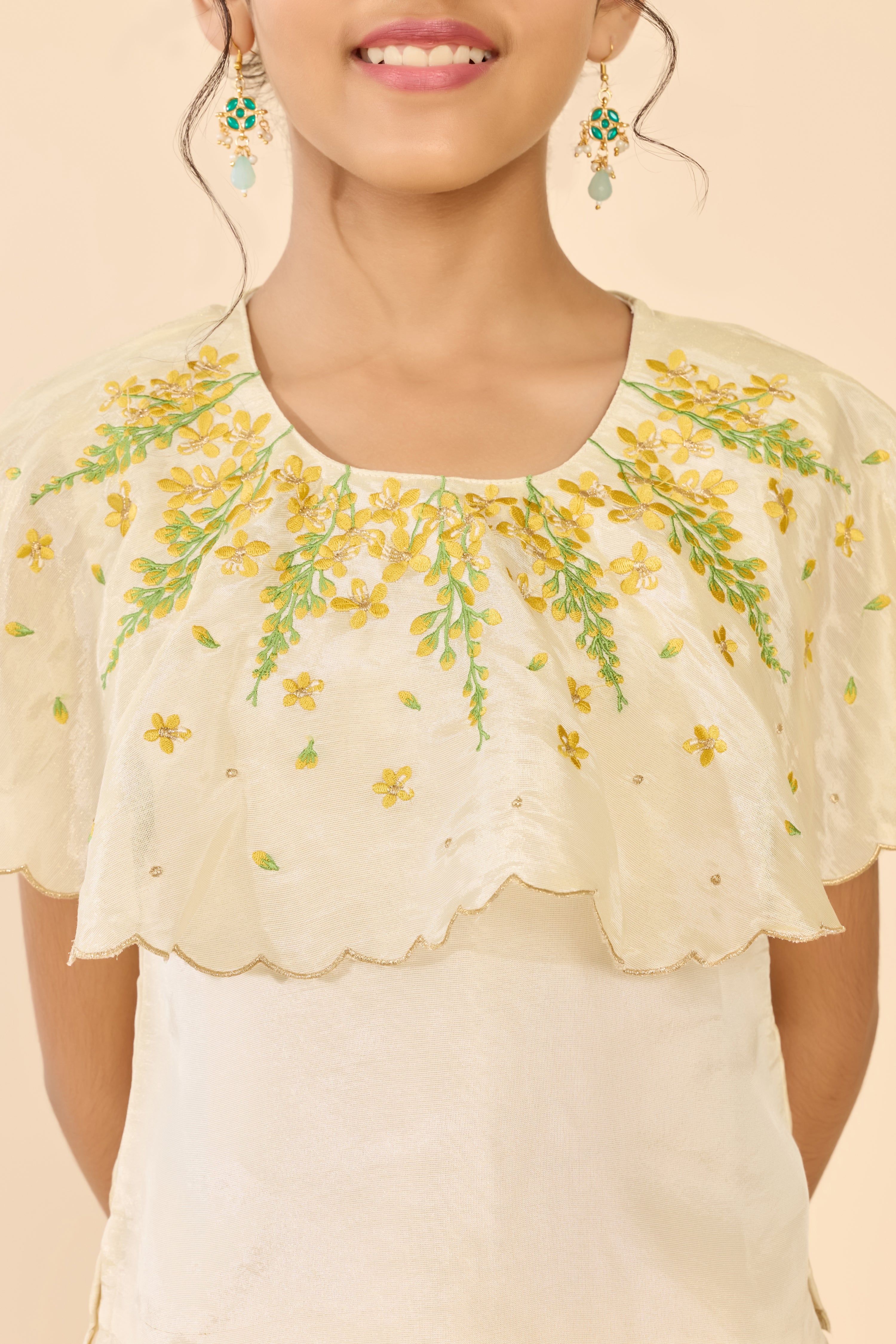 Off White Floral Top & Yellow Mirror Skirt Set