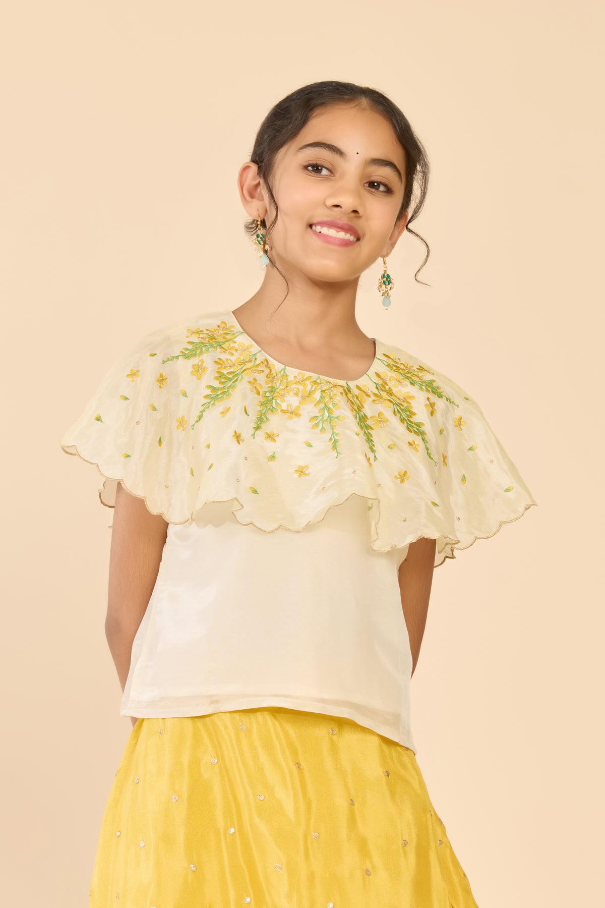 Off White Floral Top & Yellow Mirror Skirt Set
