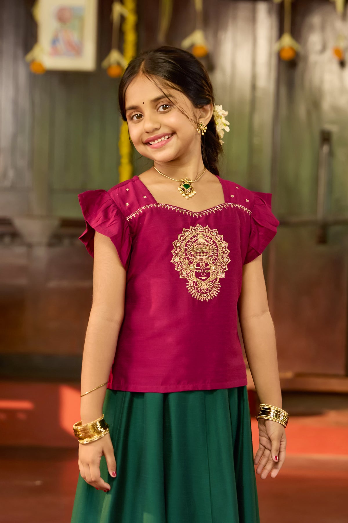 Magenta Kathakali & Mandala Embroidered Kids Skirt Set