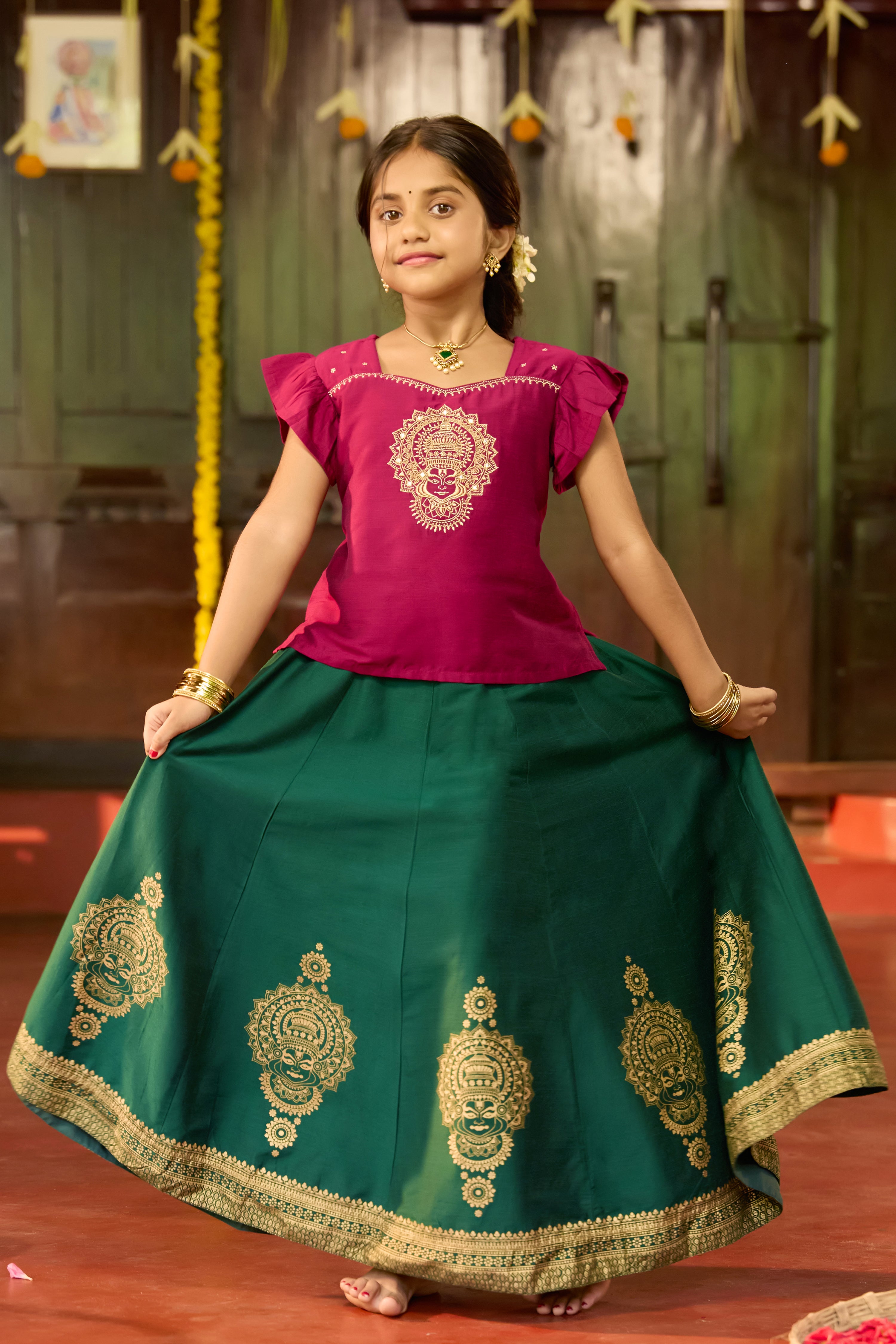 Magenta Kathakali & Mandala Embroidered Kids Skirt Set