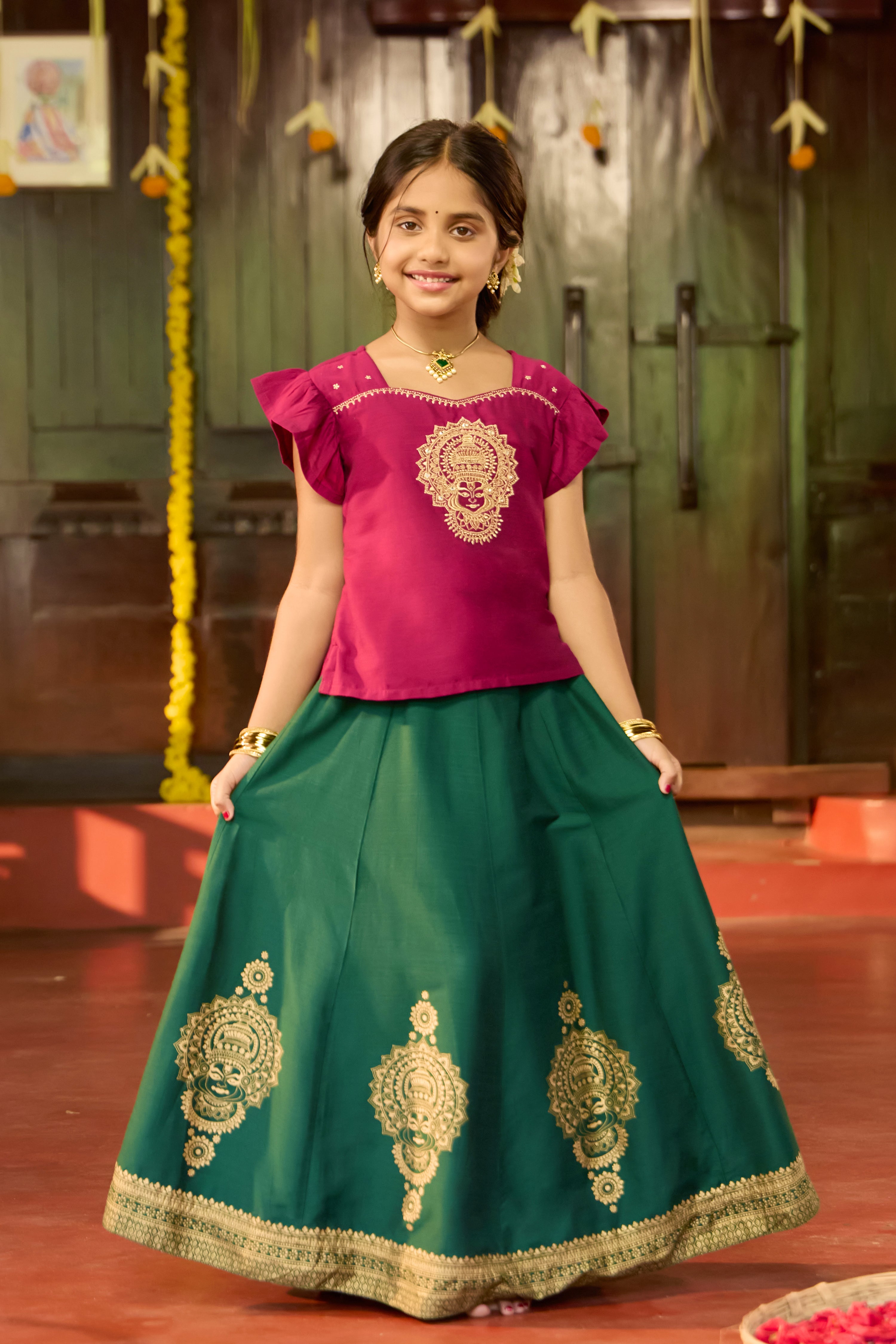 Magenta Kathakali & Mandala Embroidered Kids Skirt Set