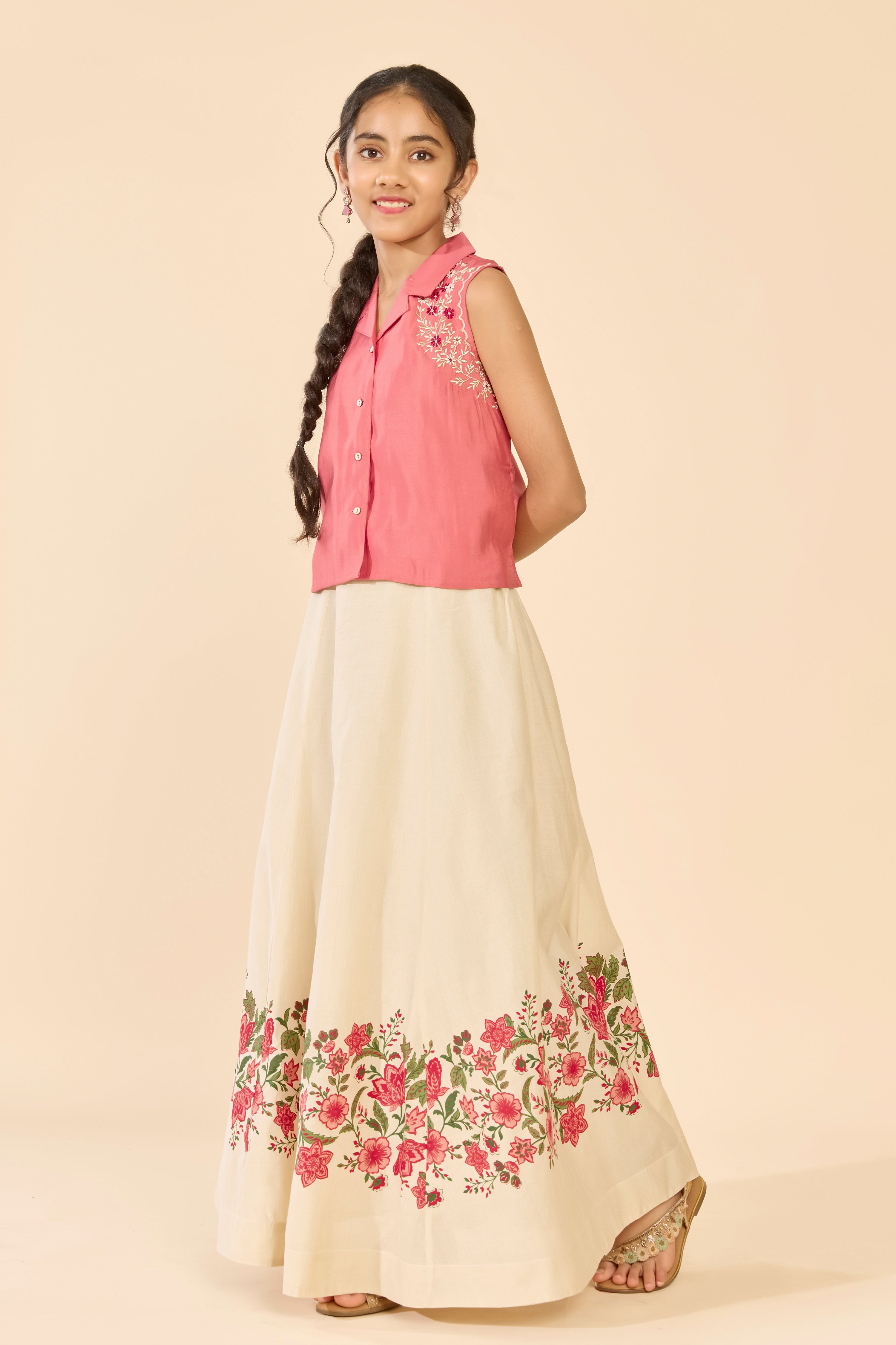 Pastel Pink Embroidered Notch Collar Kids Skirt Set