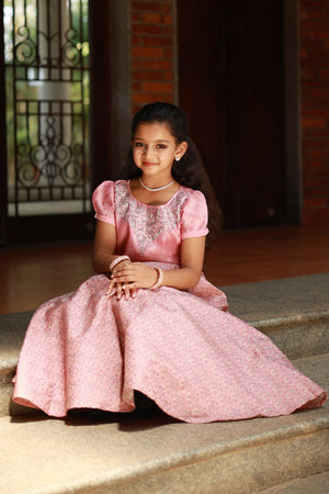 Floral Embroidered Top with Brocade Kids Skirtset - Pink & Grey