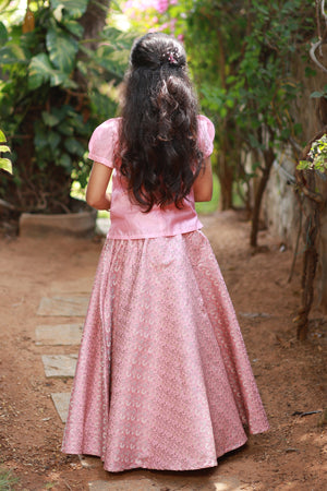 Floral Embroidered Top with Brocade Kids Skirtset - Pink & Grey