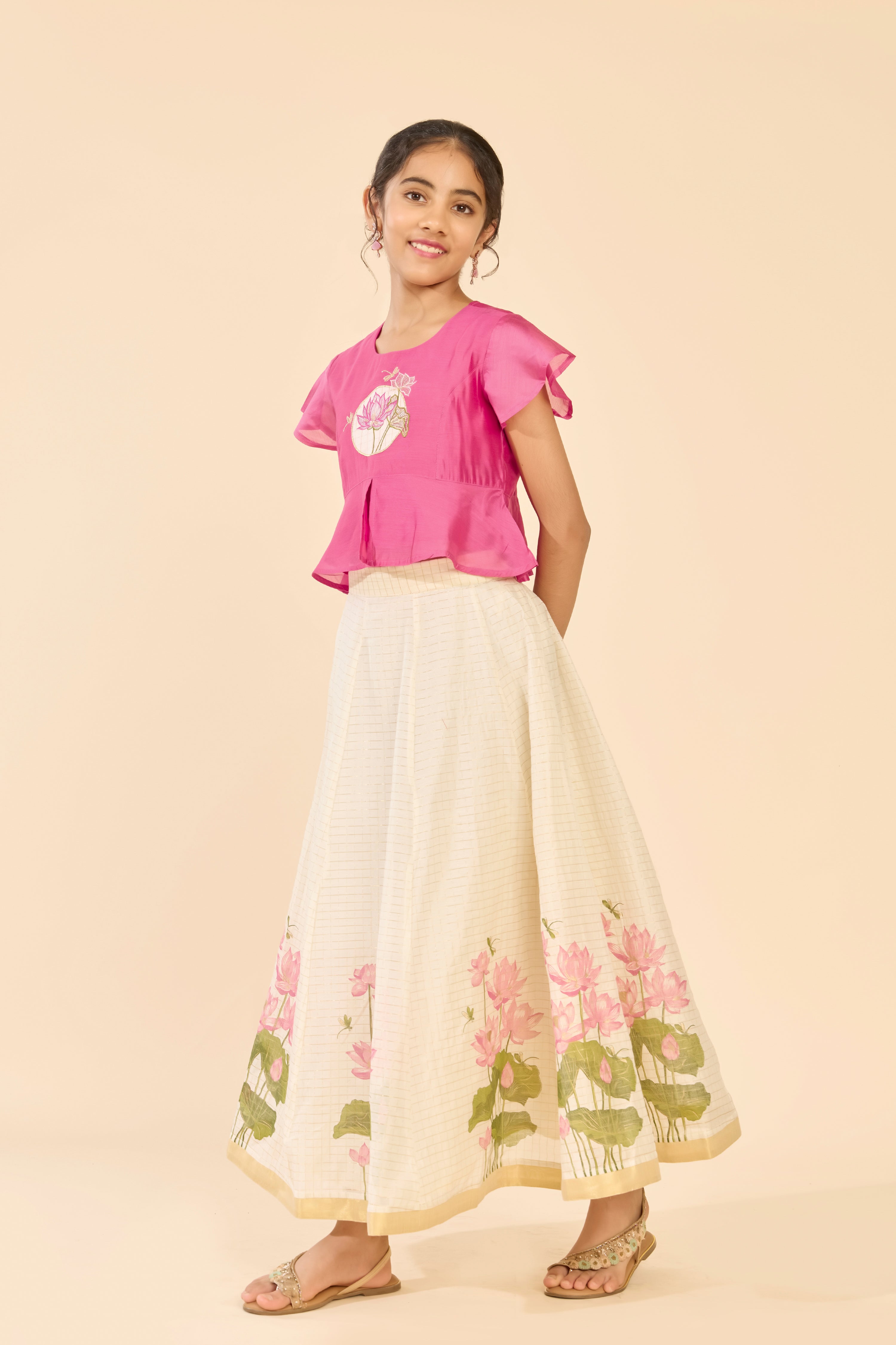 Pink & Off White Lotus Embroidered Kids Skirt Set