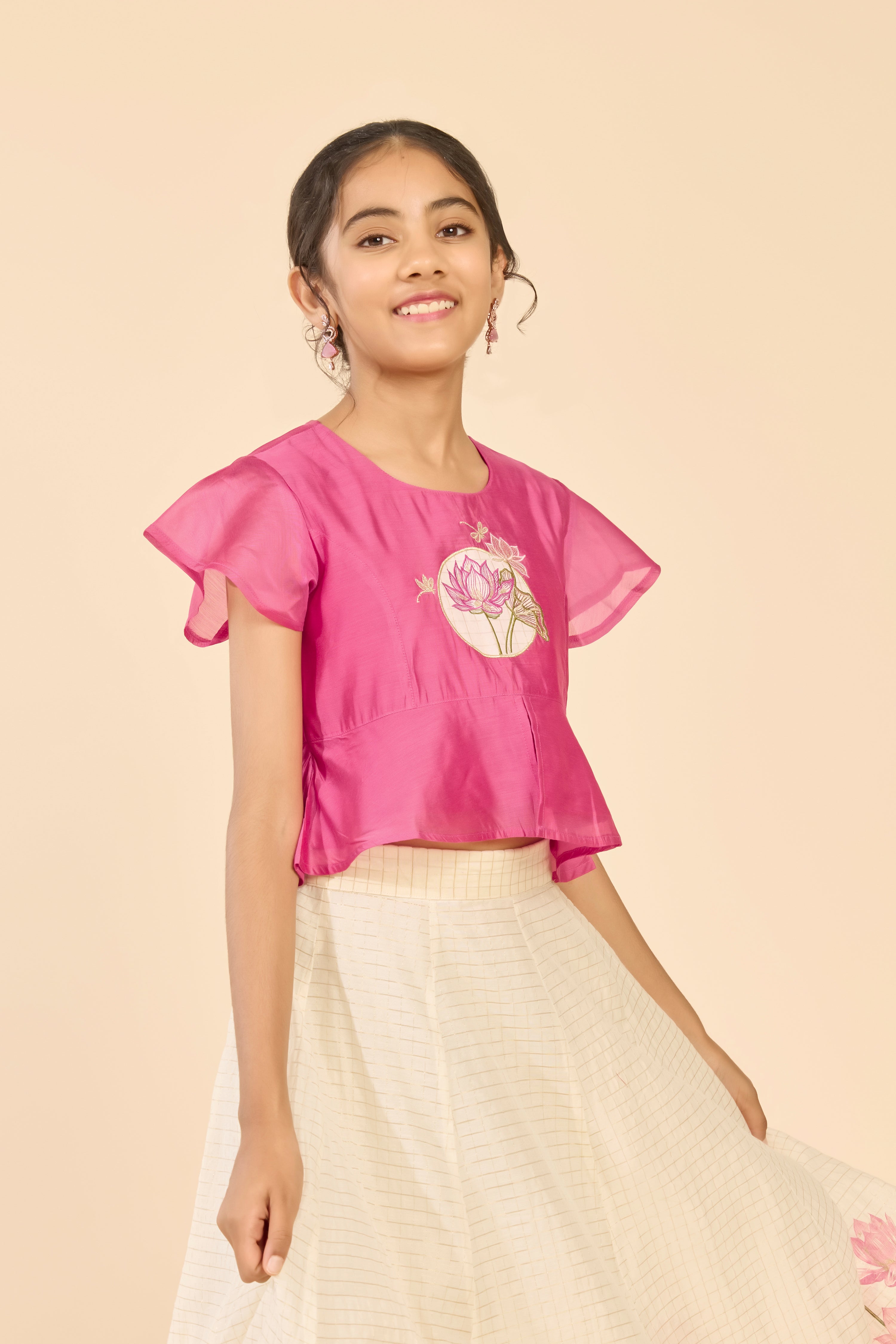 Pink & Off White Lotus Embroidered Kids Skirt Set