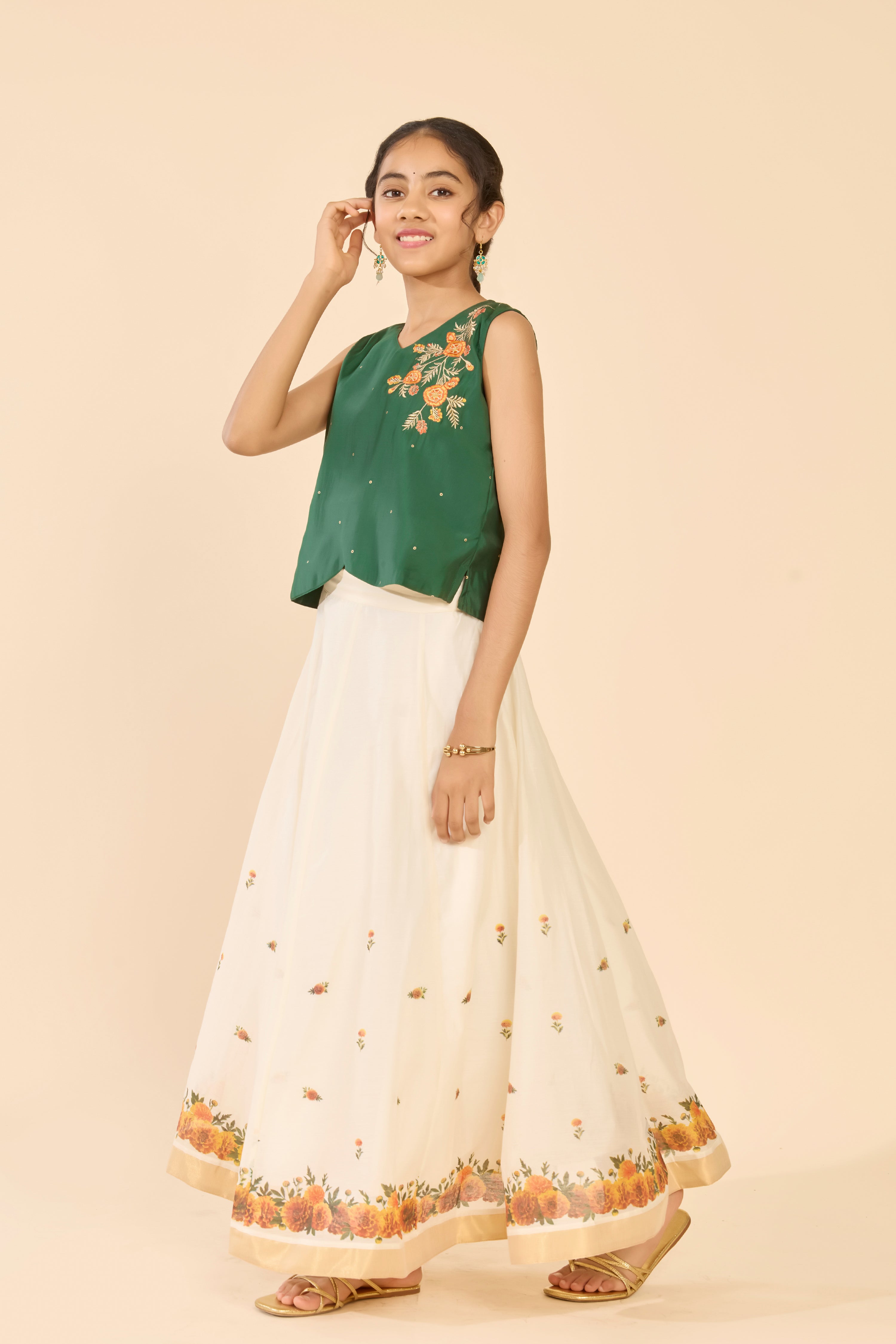 Green & Off White Marigold Embroidered Kids Skirt Set