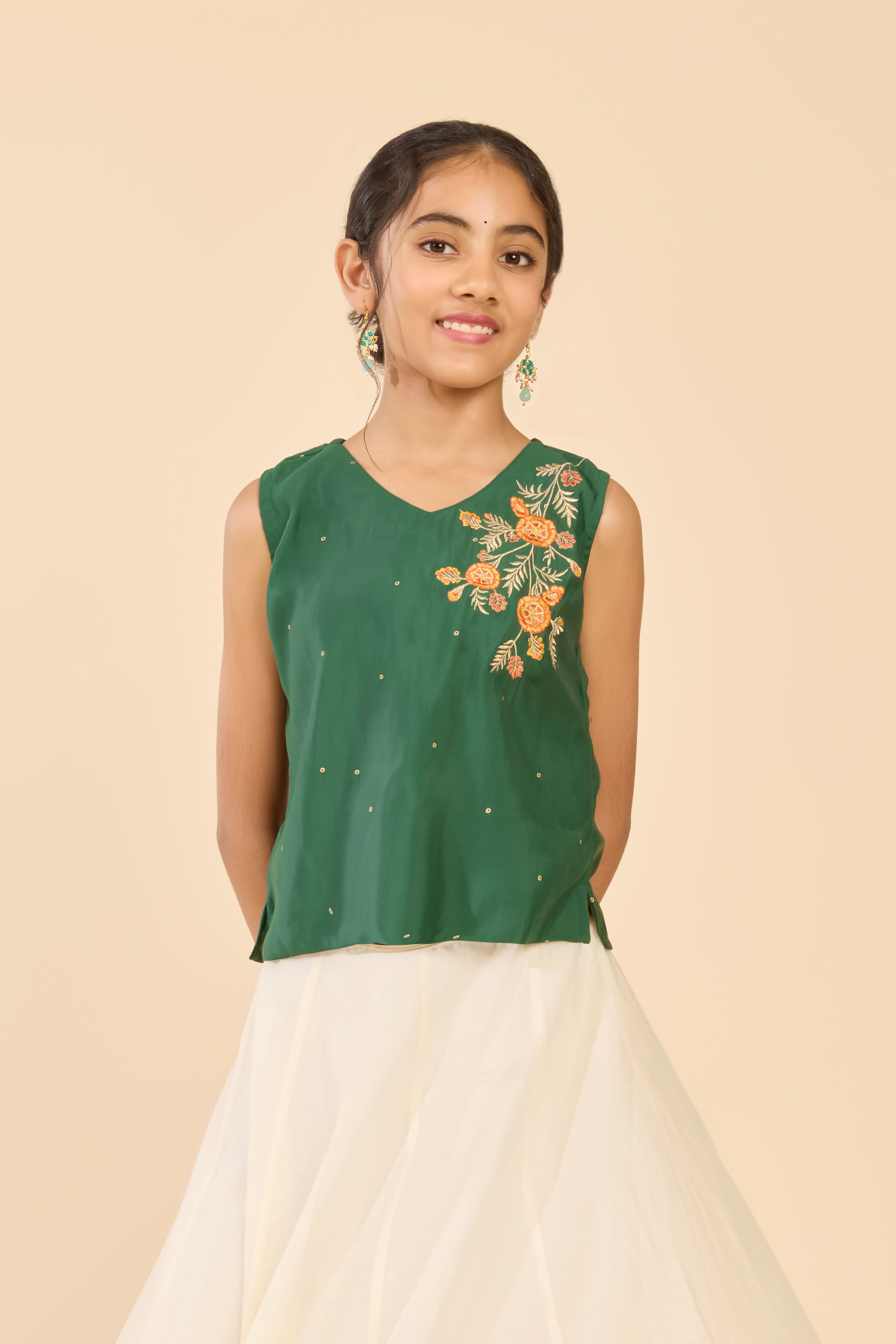 Green & Off White Marigold Embroidered Kids Skirt Set