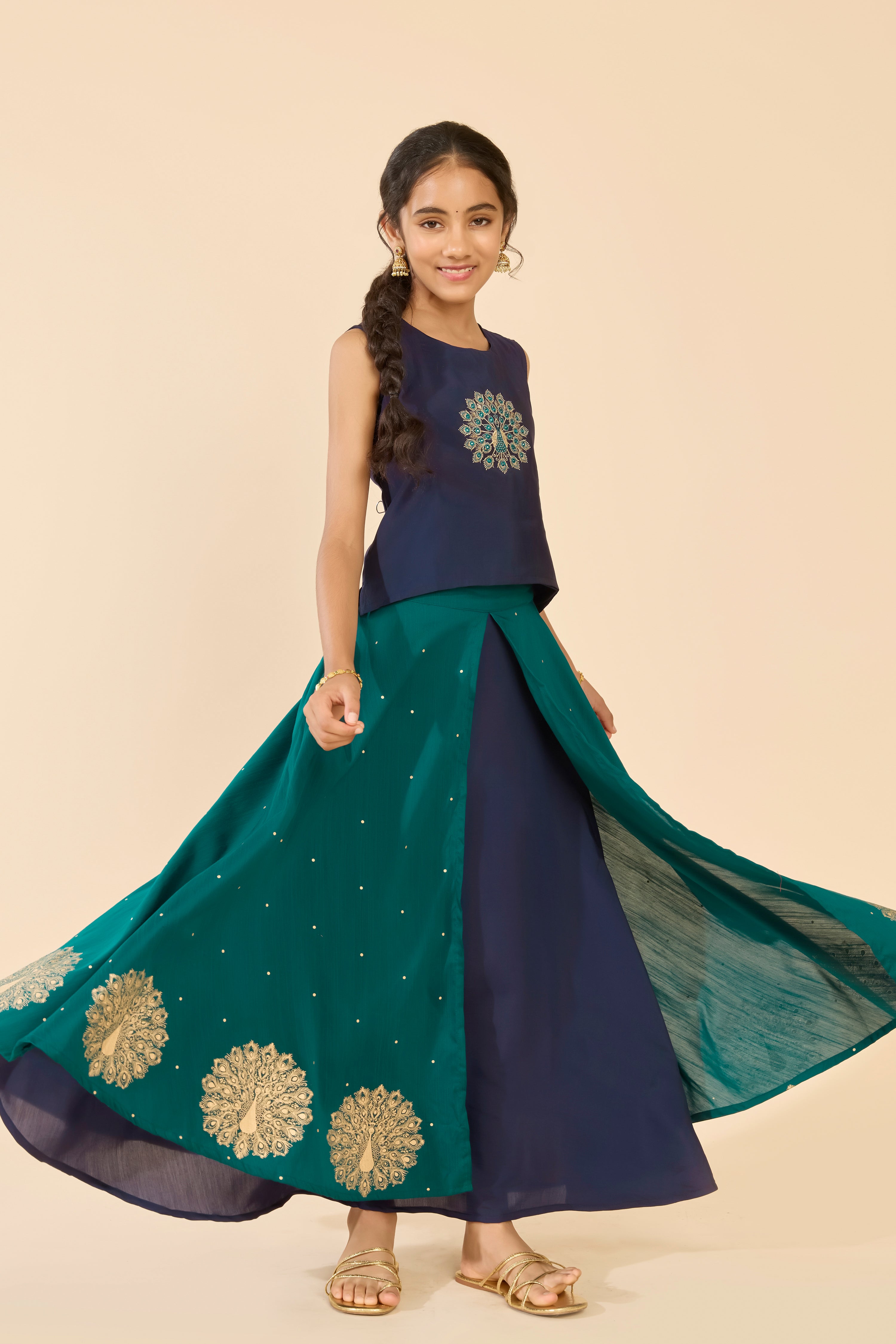 Navy Peacock Embroidered Layered Skirt Set