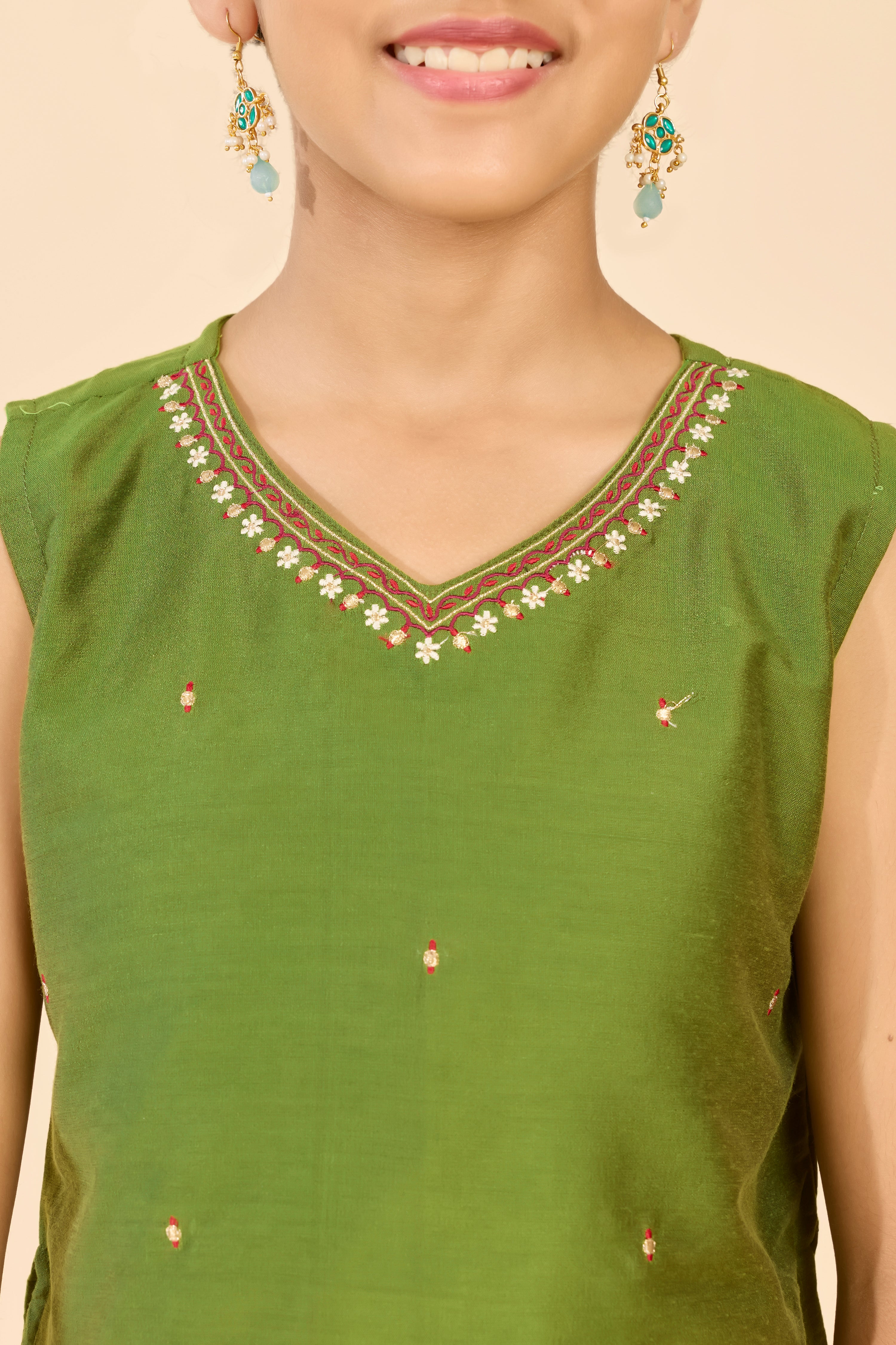 Green Embroidered Pookolam Print Kids Skirt Set