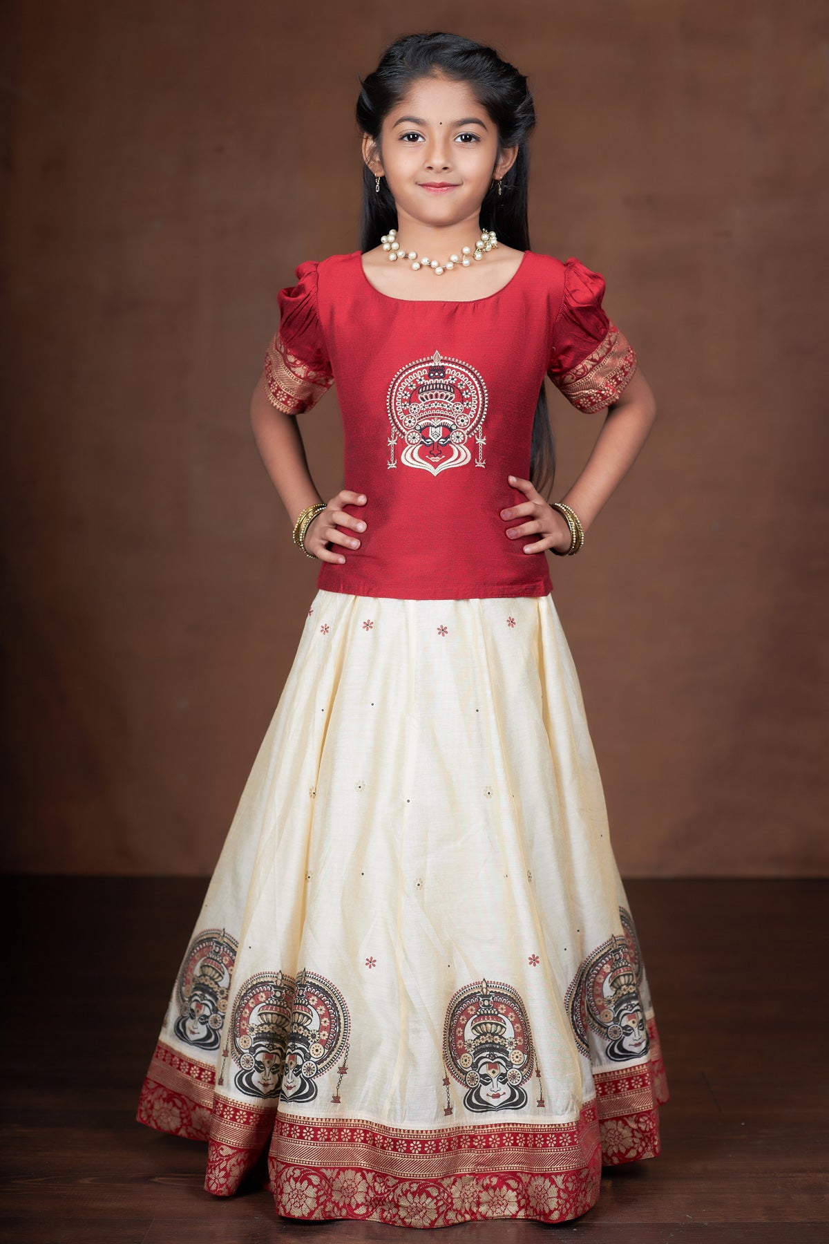 Kathakali Embroidered Placement Printed With Contrast Border Skirt Set Red Off White