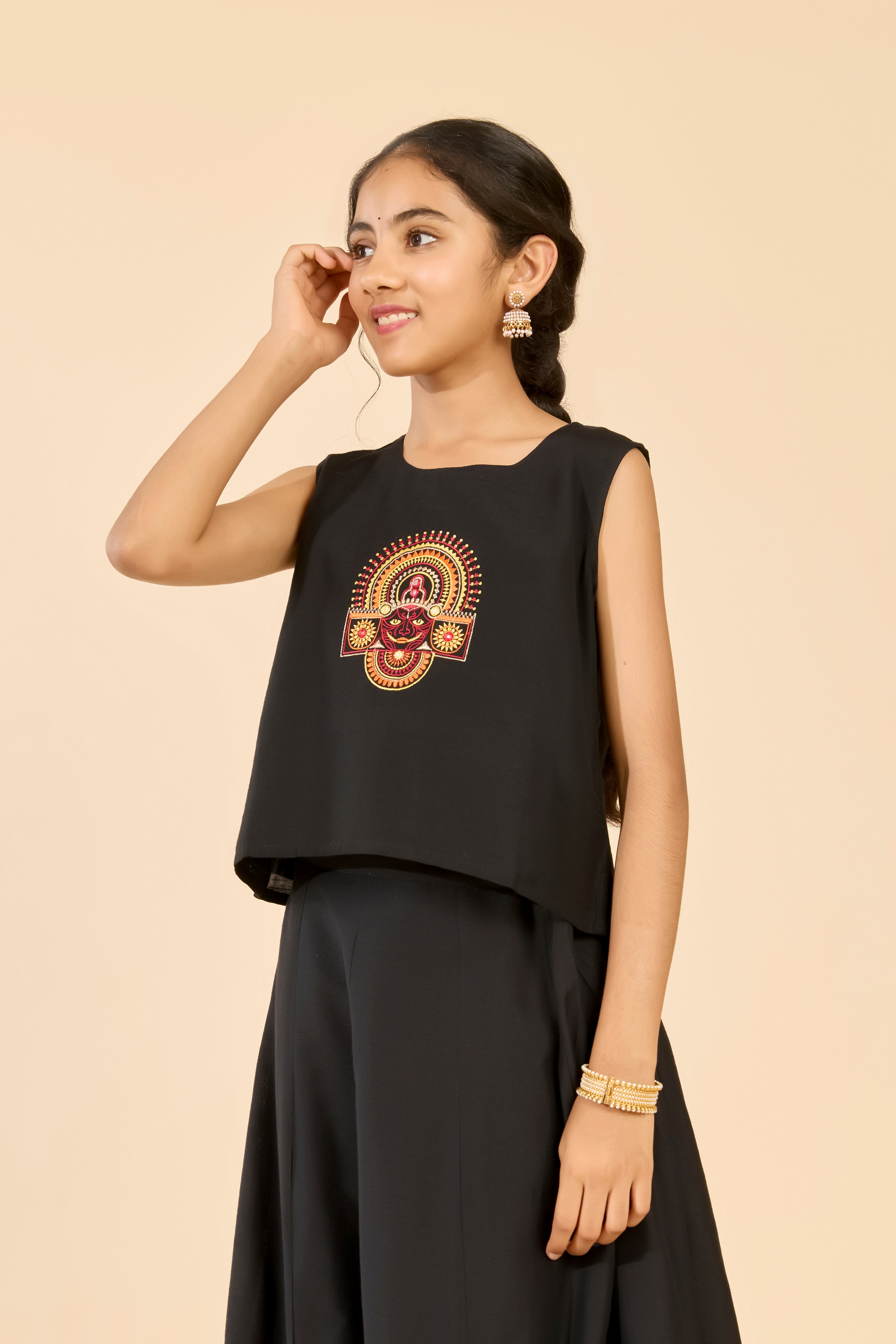 Black Theyyam Printed Top & Skirt Set