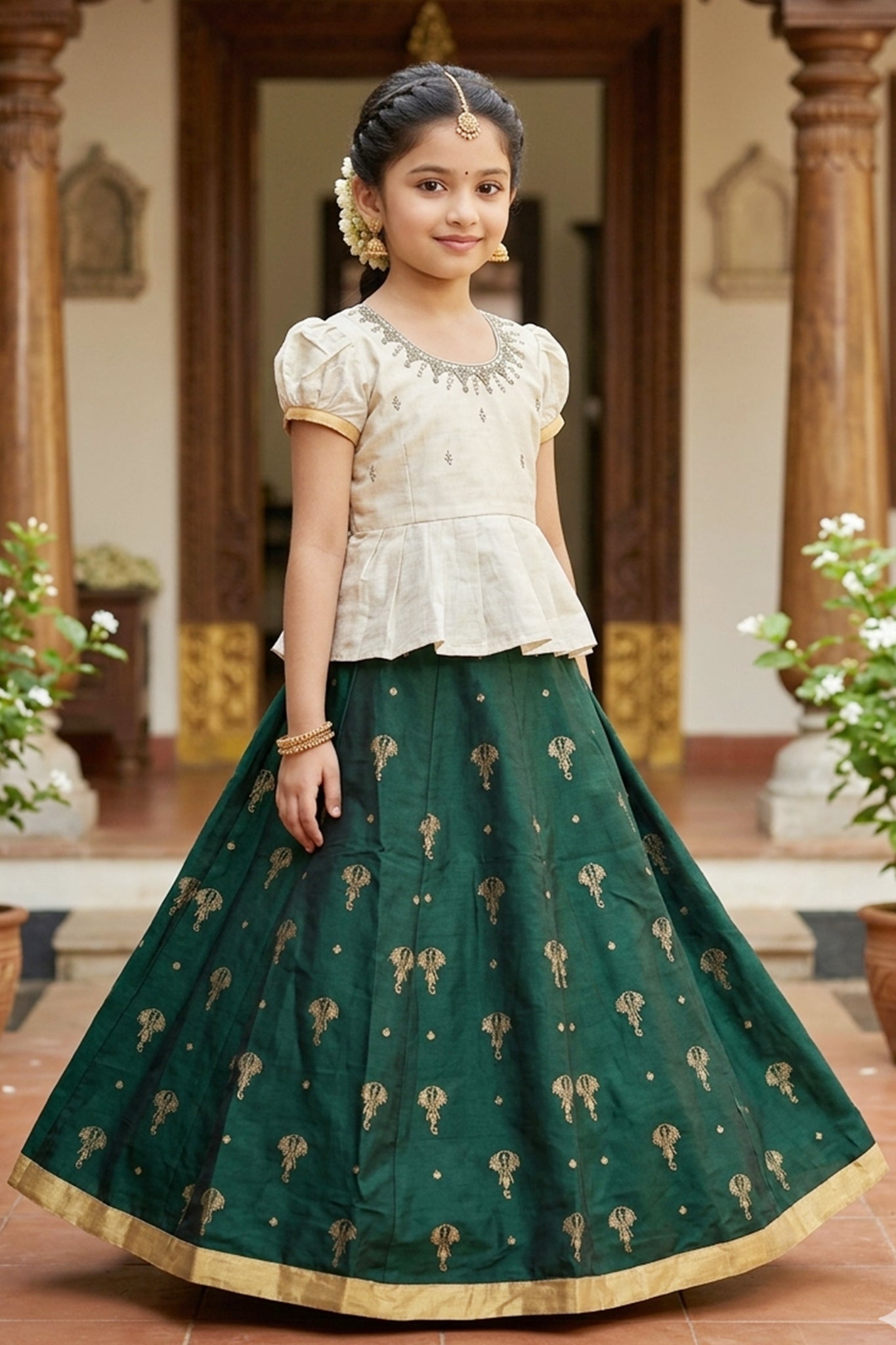 Off White Butta Printed Top & Dark Green Skirt Set