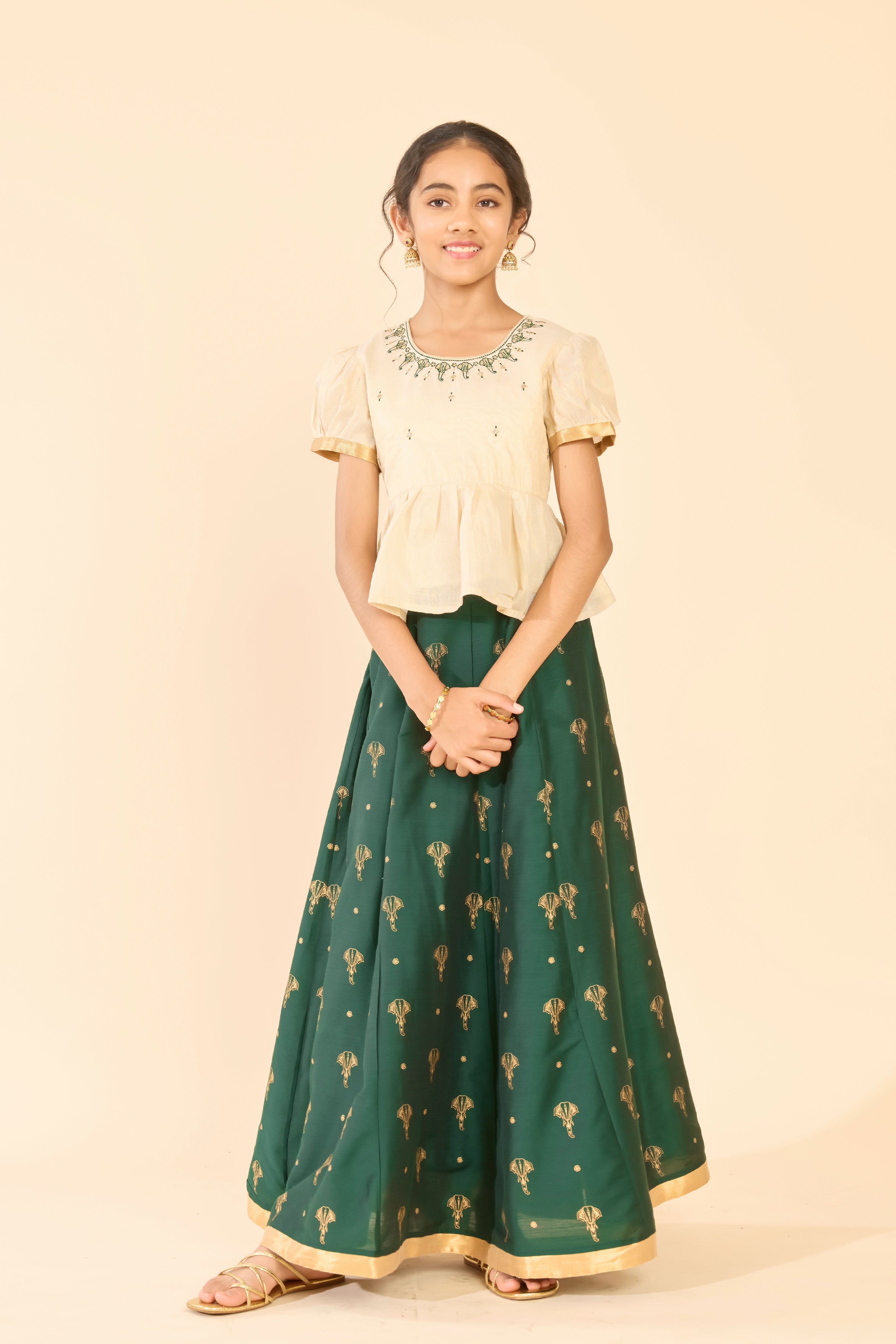 Off White Butta Printed Top & Dark Green Skirt Set