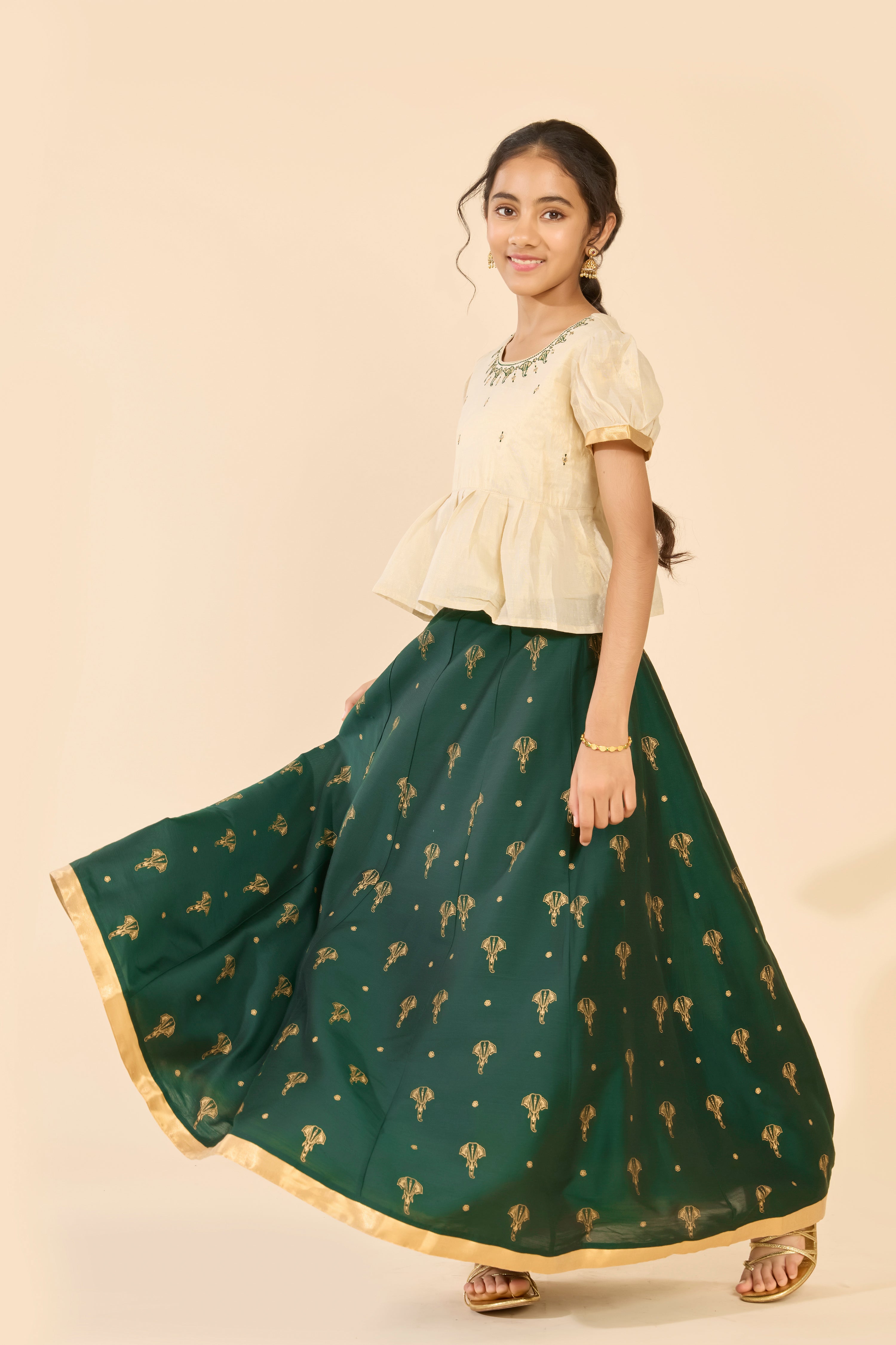 Off White Butta Printed Top & Dark Green Skirt Set