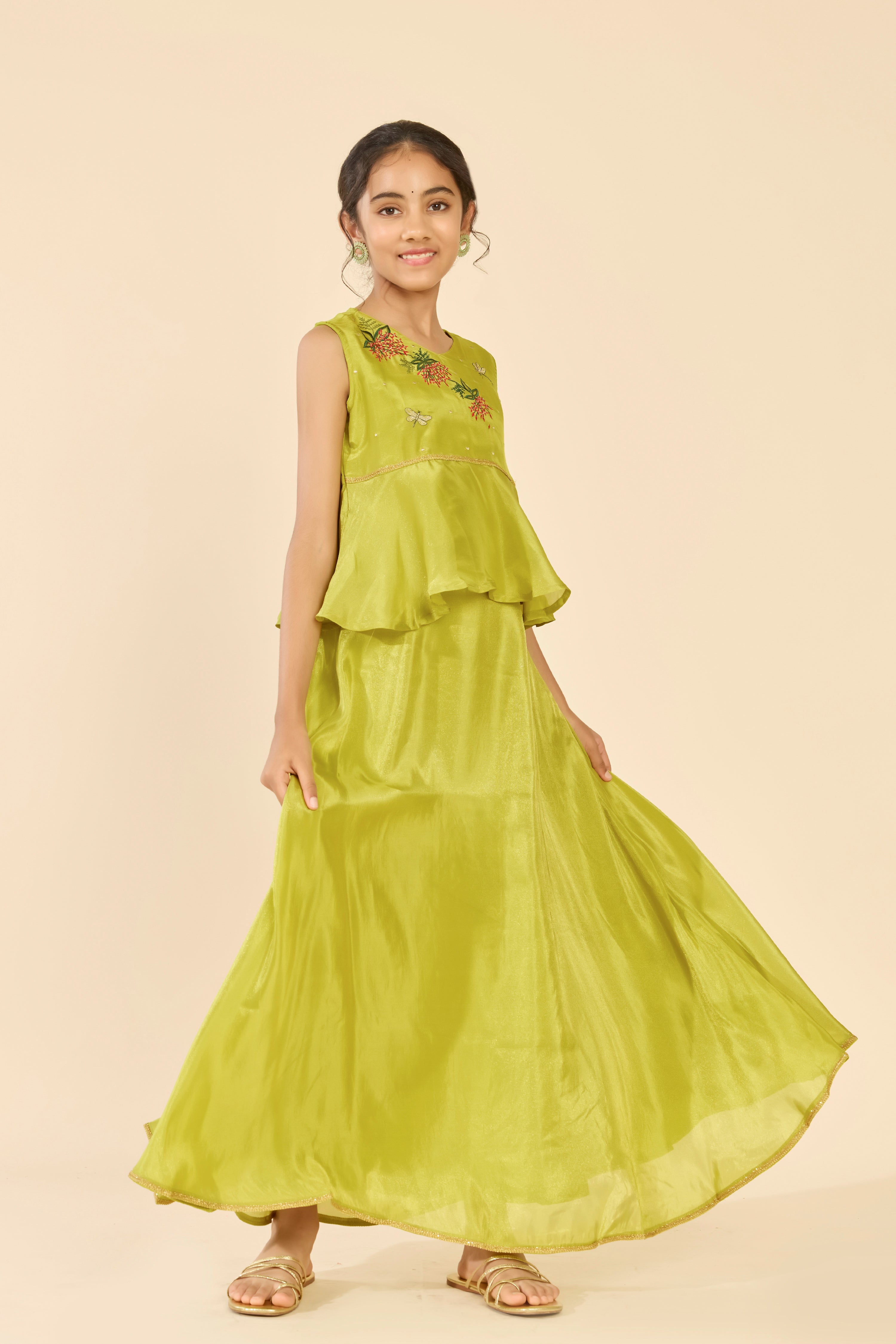 Green Floral Embroidered Tissue Kids Skirt Set