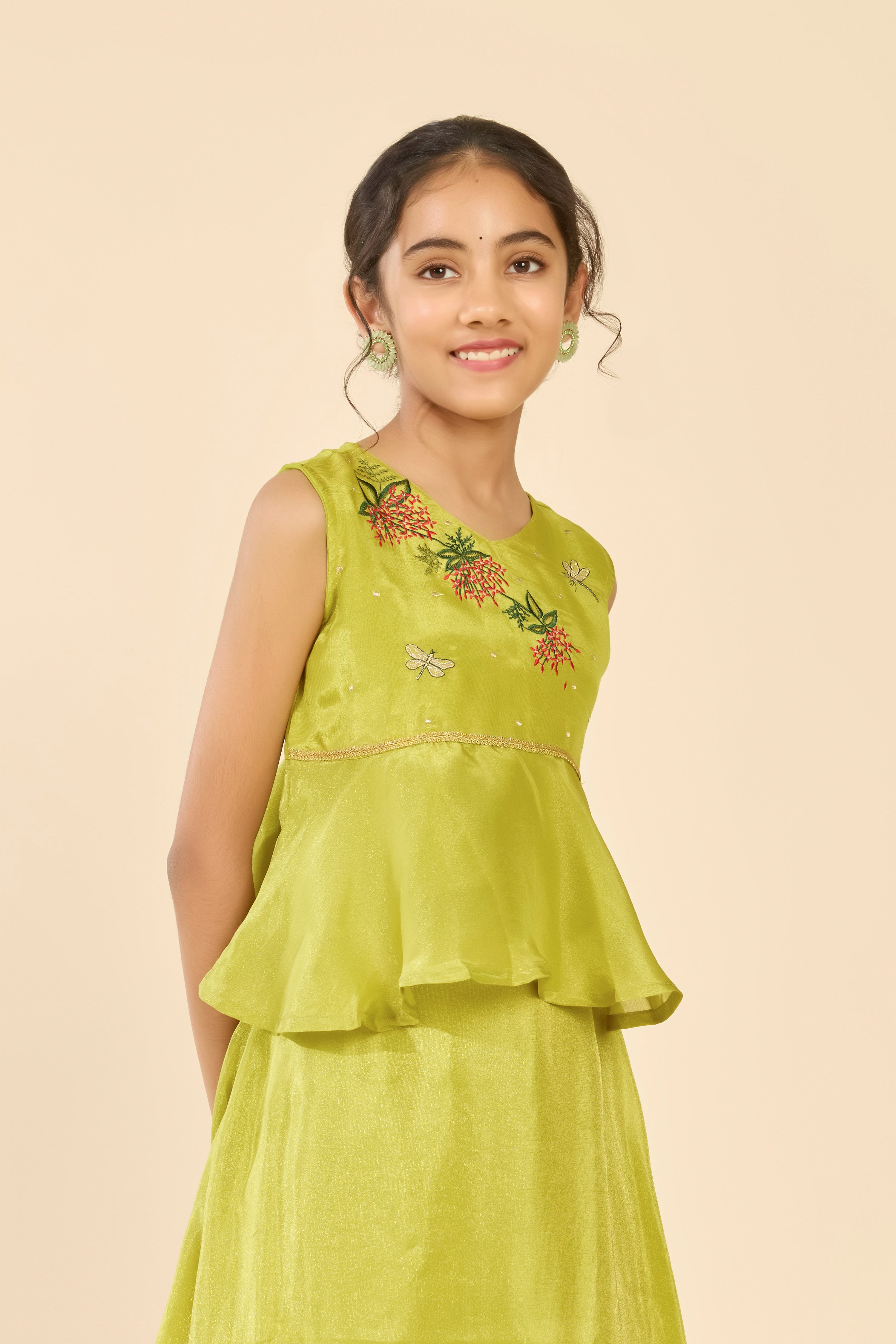 Green Floral Embroidered Tissue Kids Skirt Set