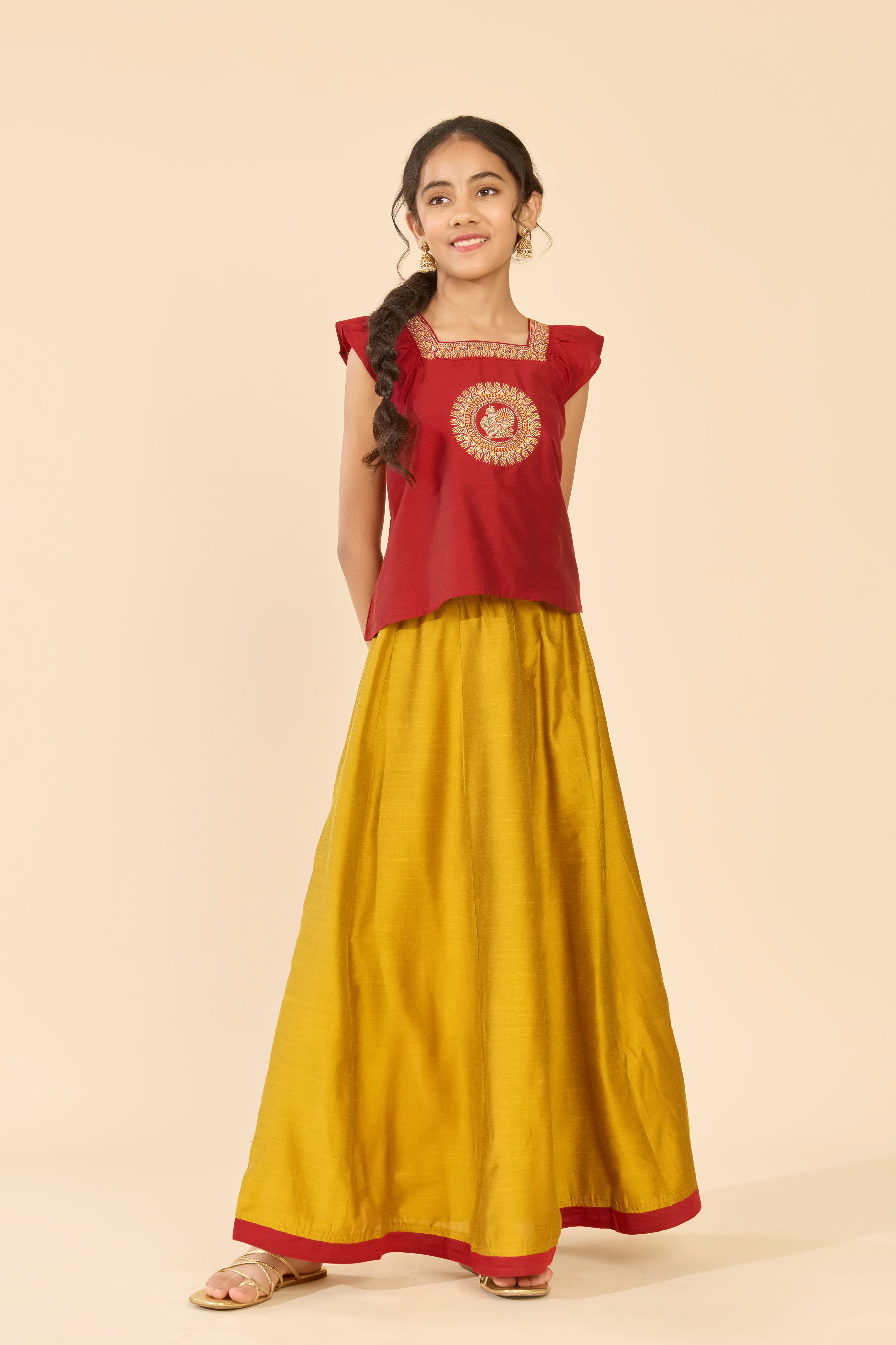 Red Peacock Embroidered Red Skirt Set