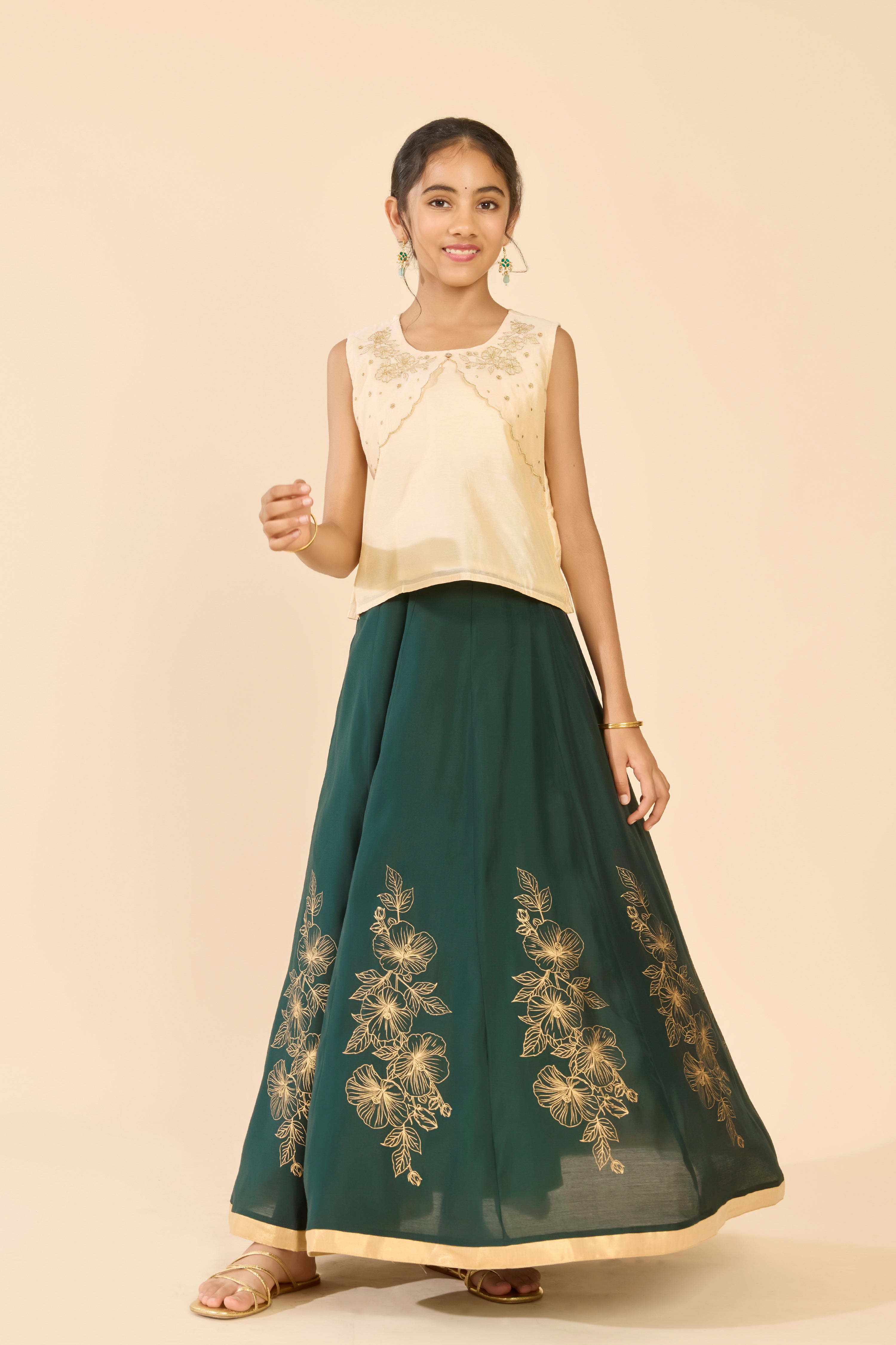 Off White Floral Embroidered Skirt Set
