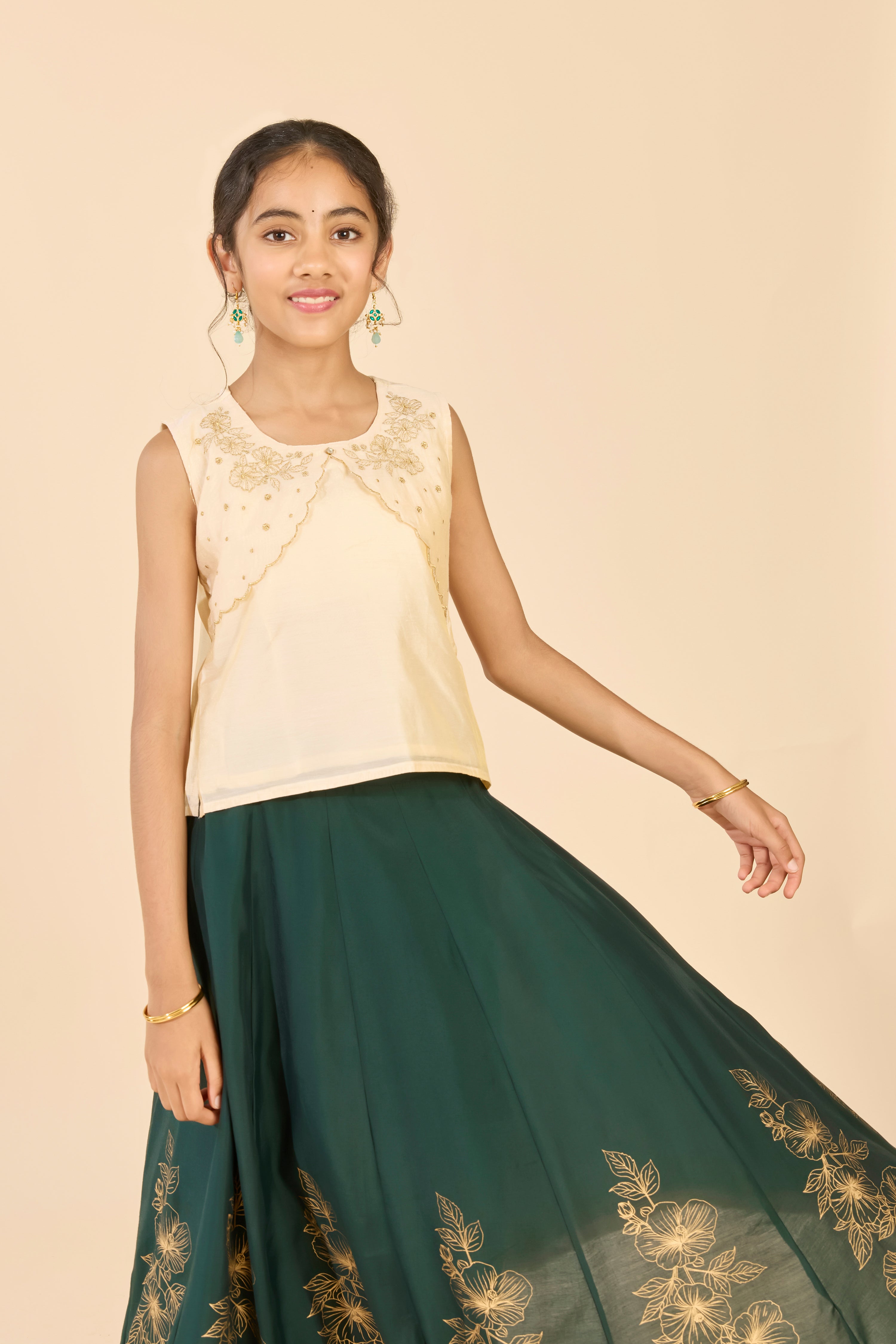 Off White Floral Embroidered Skirt Set