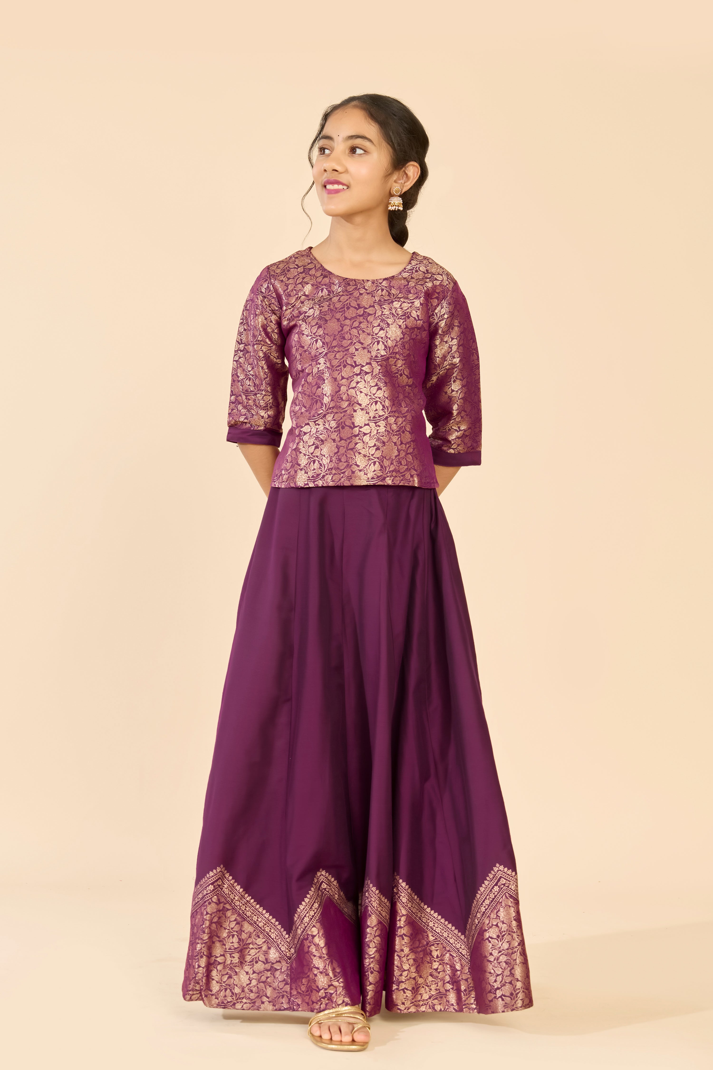 Deep Wine Brocade Top & Skirt Set