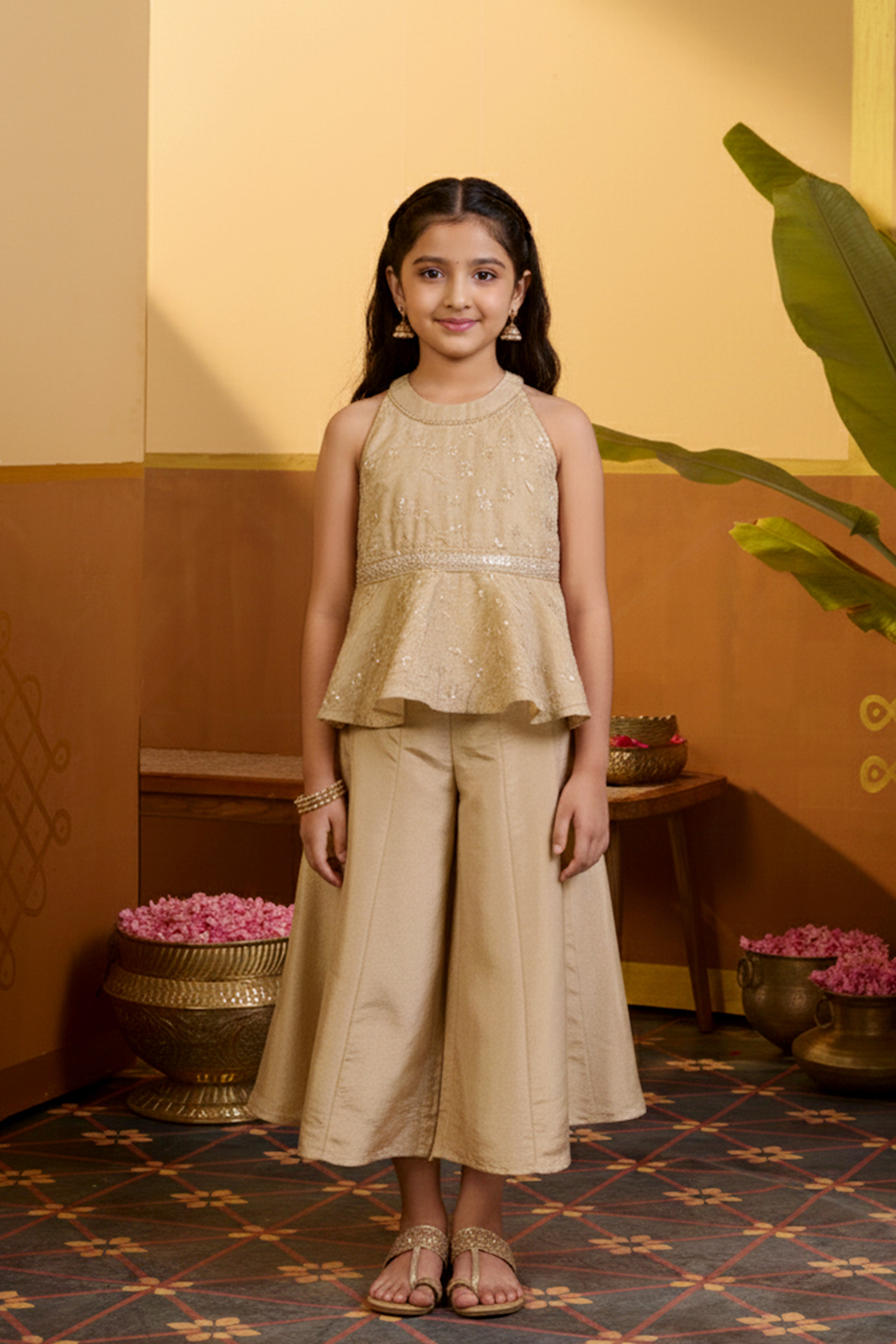 Sequence Embellished Beige Kids Sharara Set with Peplum Top