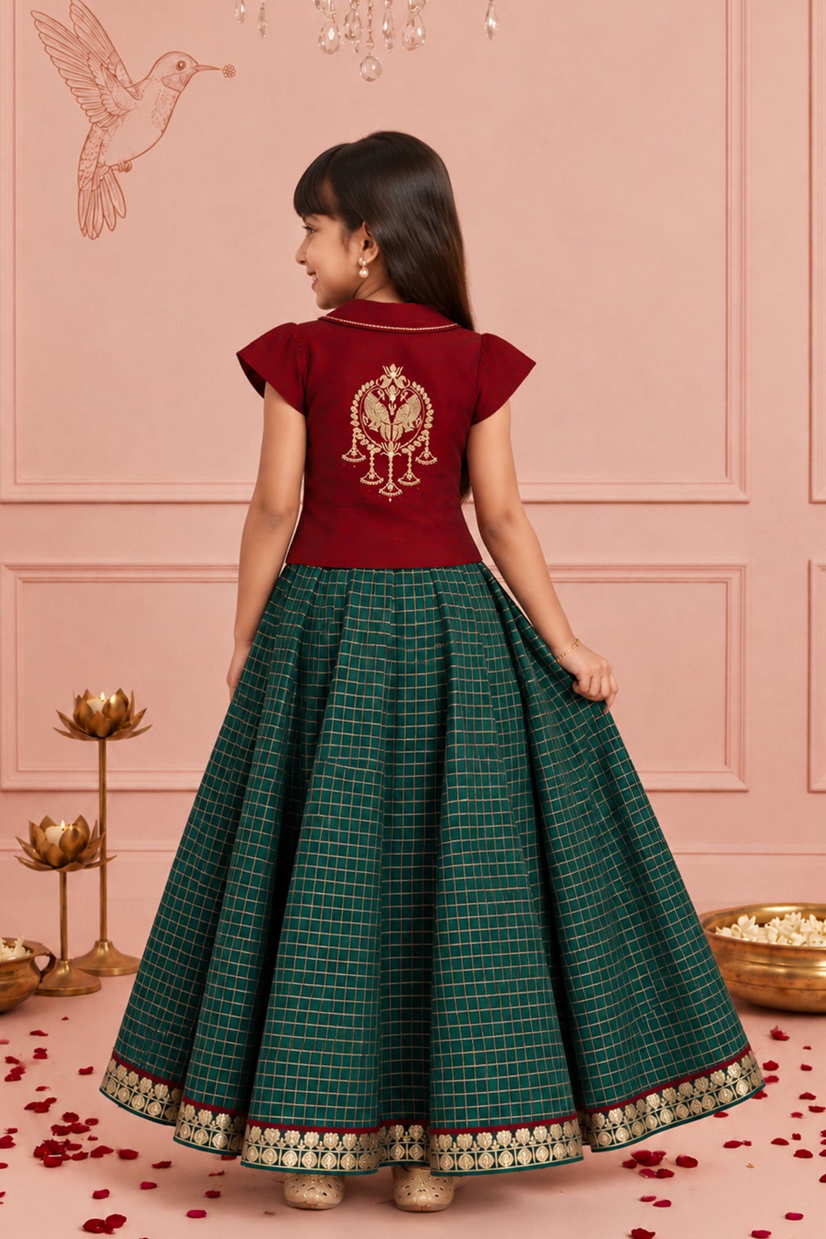 Red & Green Bird Embroidered Kids Skirt Set
