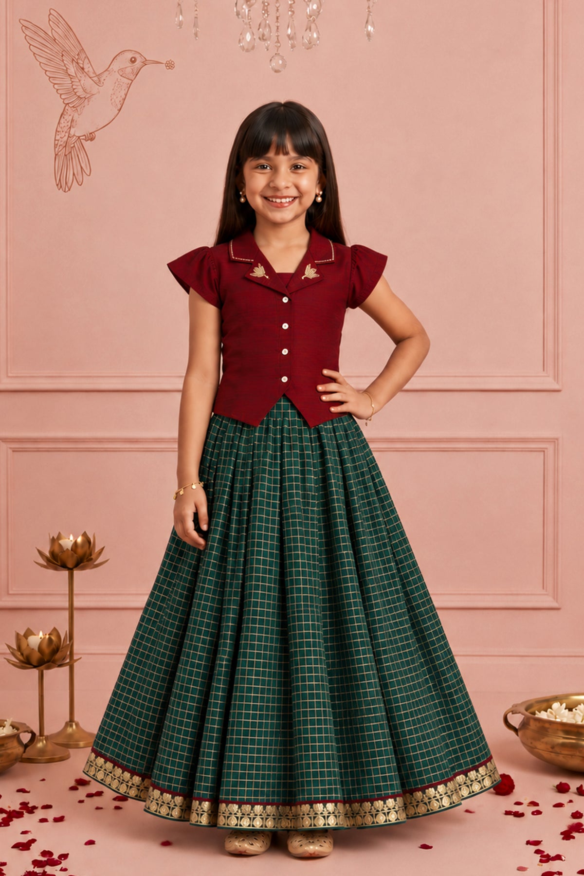 Red & Green Bird Embroidered Kids Skirt Set