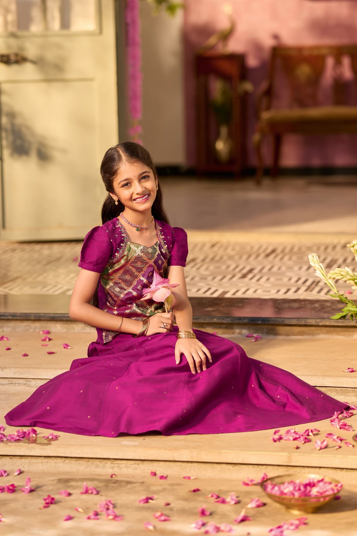 Magenta Floral Brocade Multicolour Kids Skirt Set