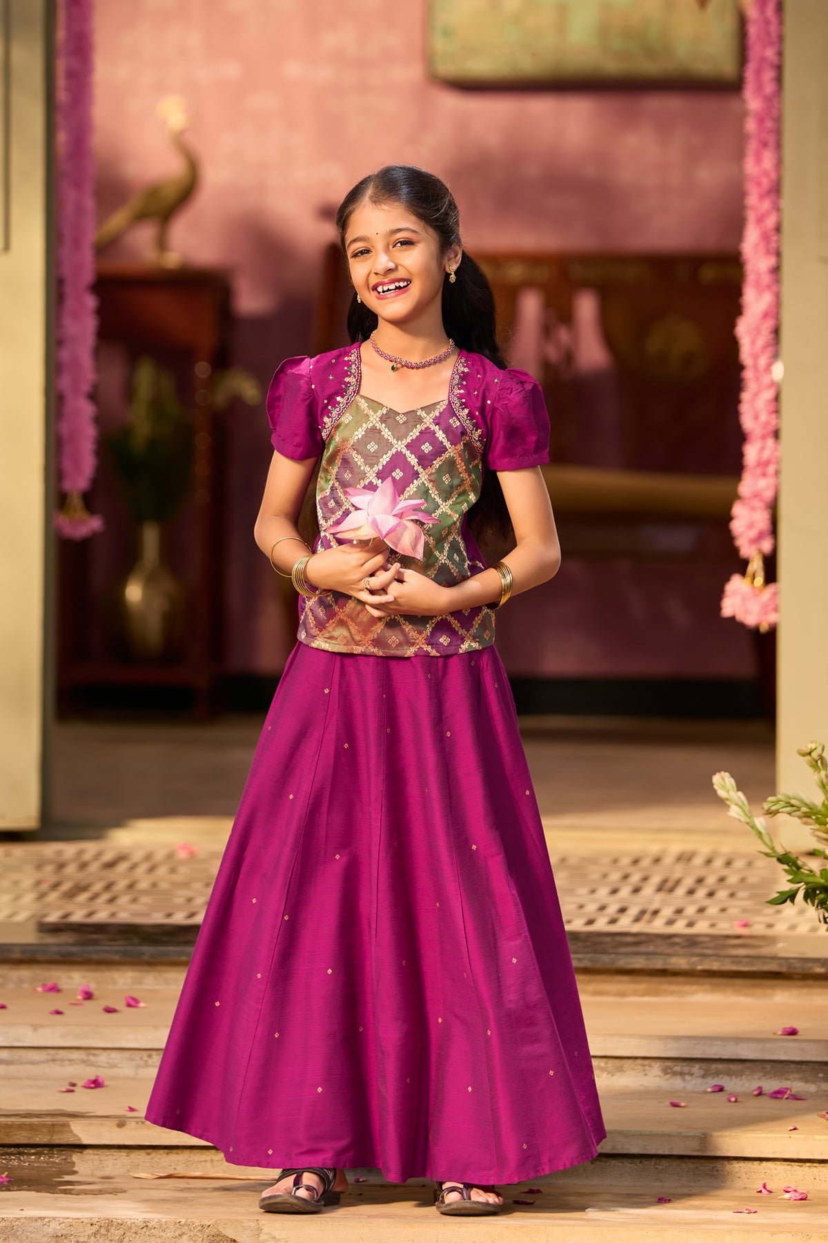 Magenta Floral Brocade Multicolour Kids Skirt Set