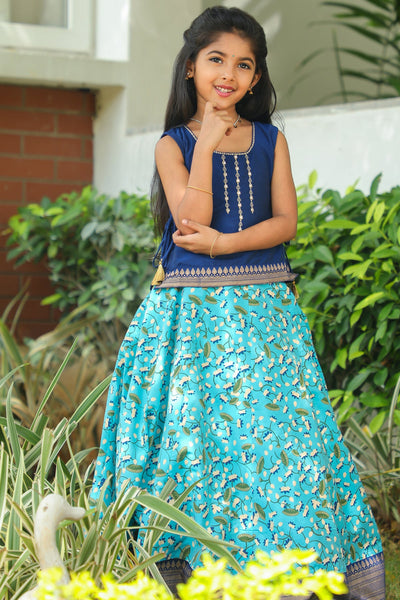 Foil Mirror Embroidered Sleeveless Top & All Over Floral Printed Skirt Set - Navy & Blue