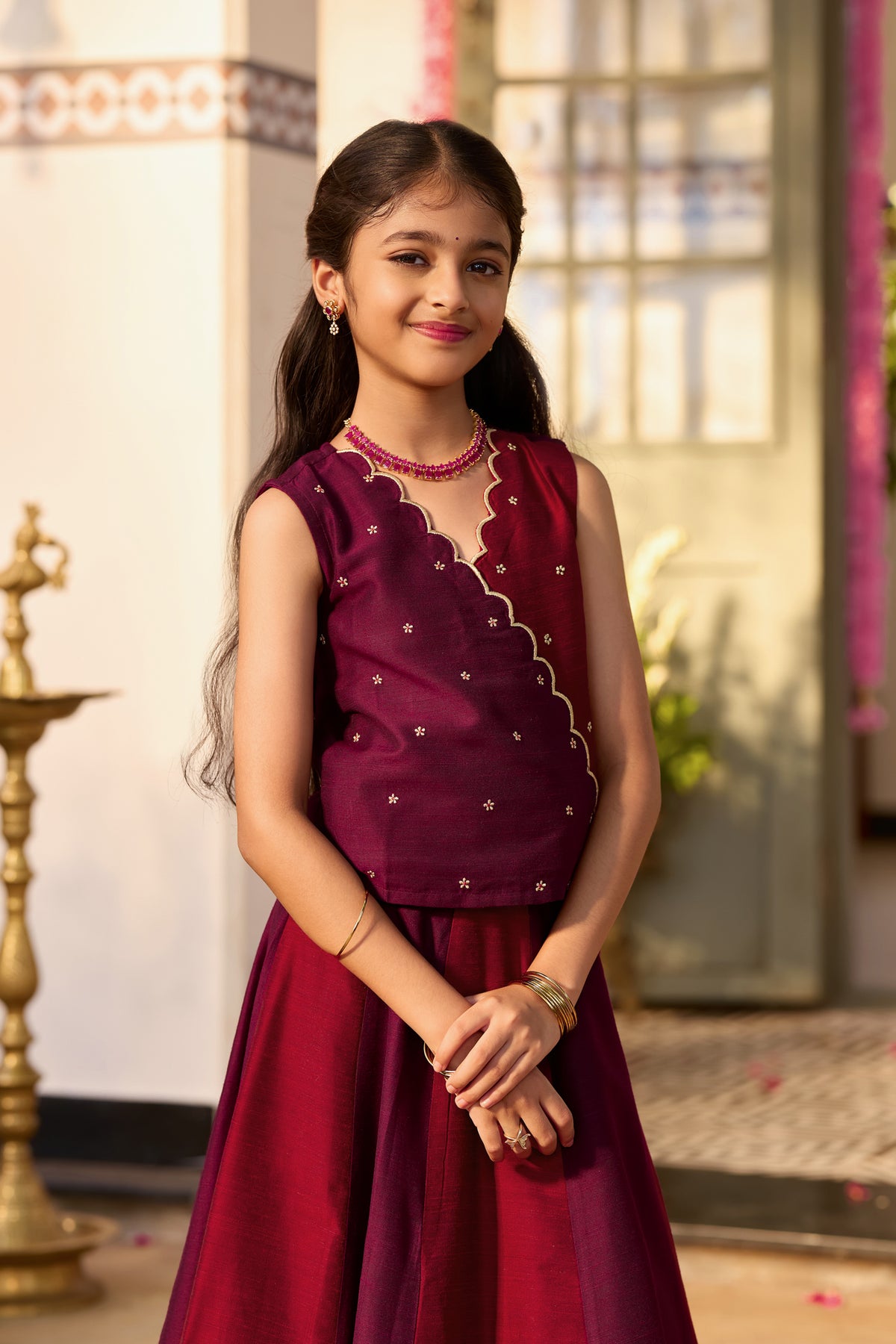 Purple & Maroon Bird Embroidered Kids Skirt Set