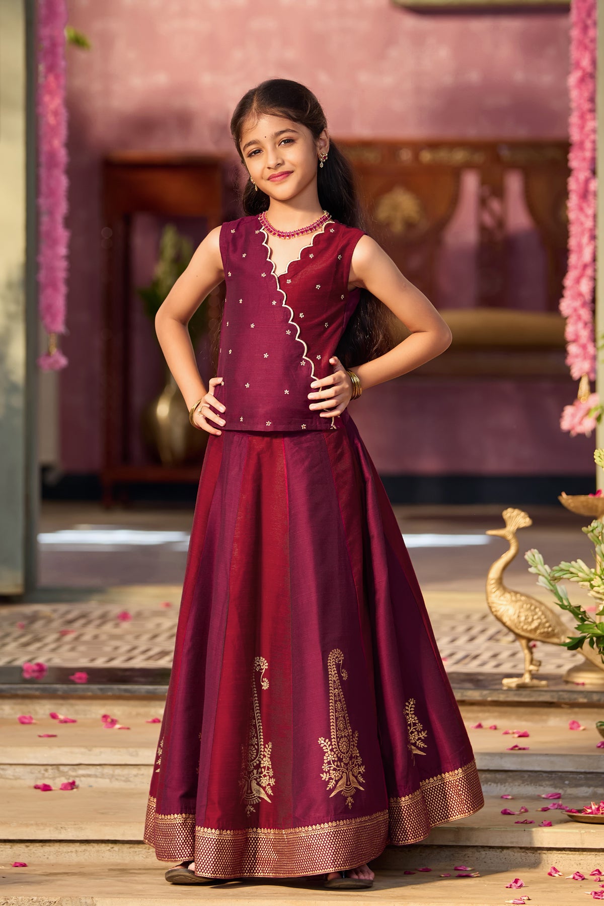 Purple & Maroon Bird Embroidered Kids Skirt Set