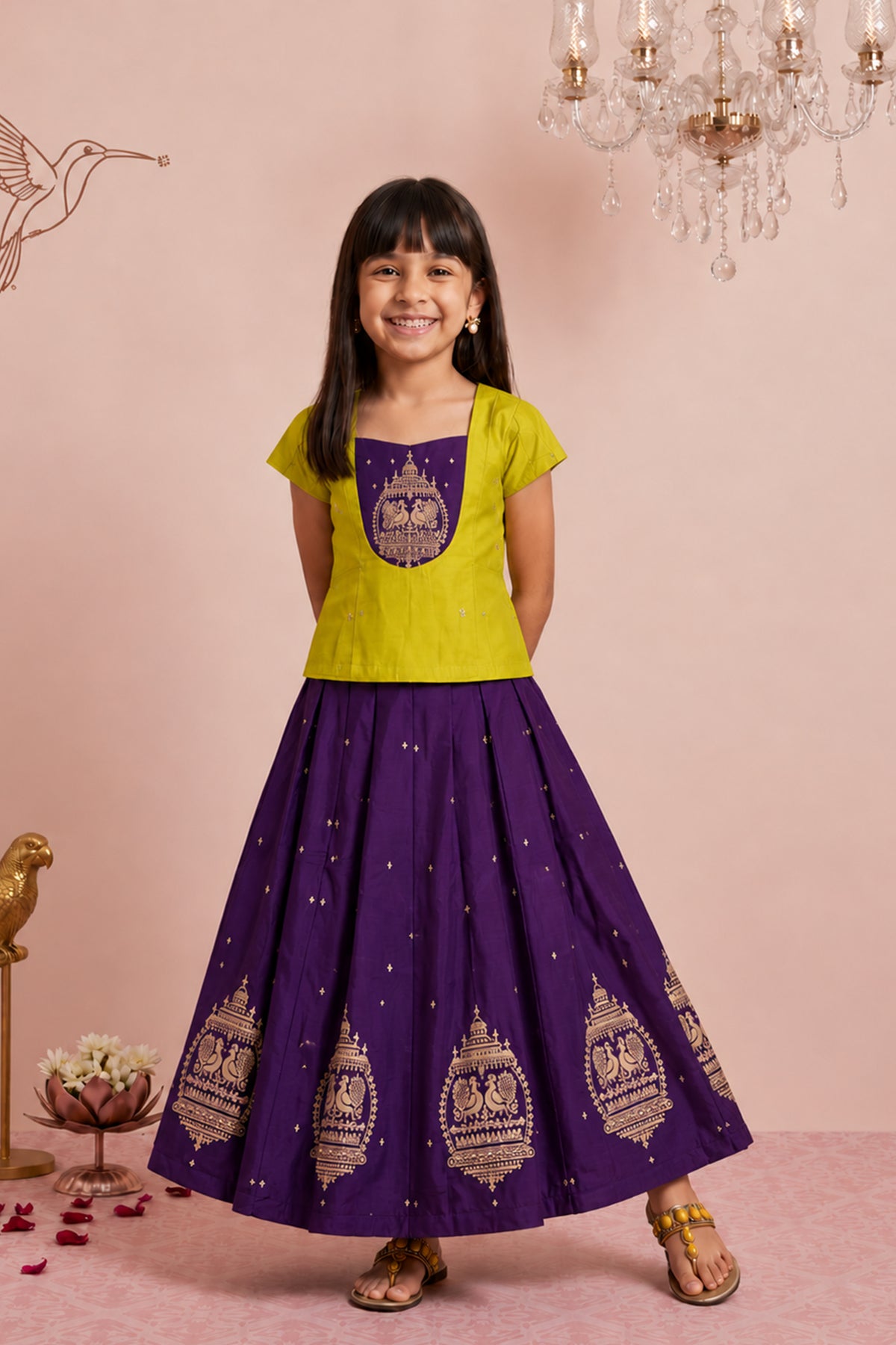 Purple & Yellow Peacock Embroidered Kids Skirt Set