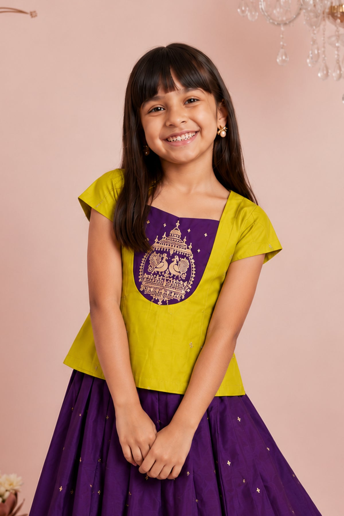 Purple & Yellow Peacock Embroidered Kids Skirt Set