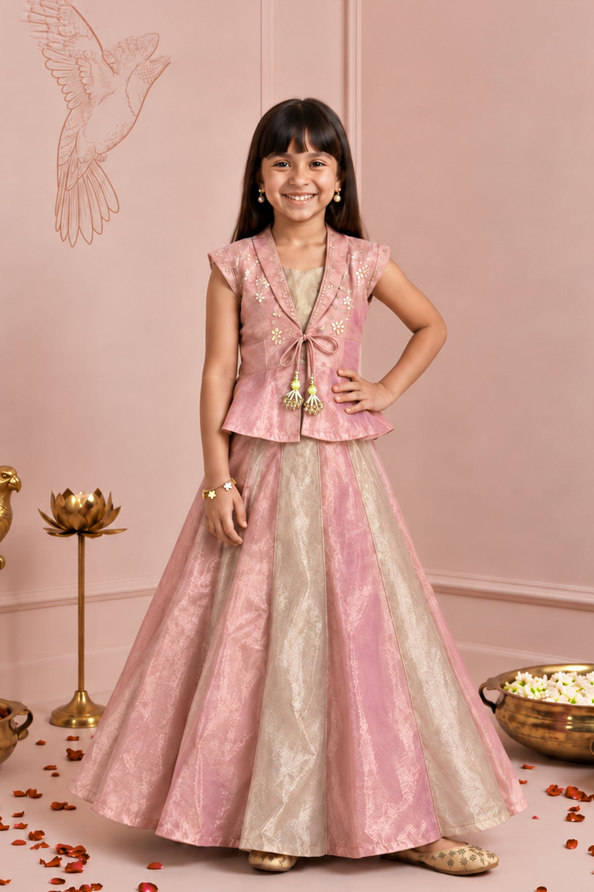 Pink Floral Embellished Panelled Kids Skirt Set