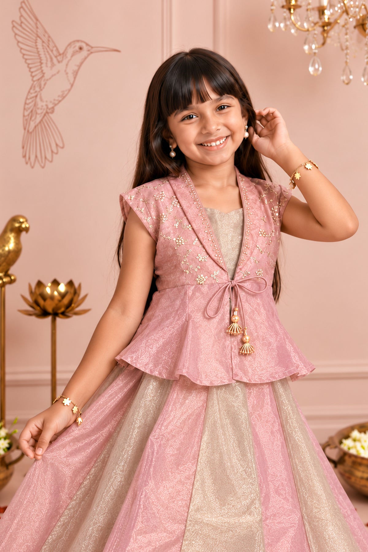 Pink Floral Embellished Panelled Kids Skirt Set