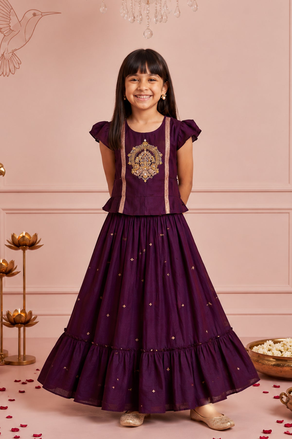 Wine Bird Embroidered Kids Skirt Set