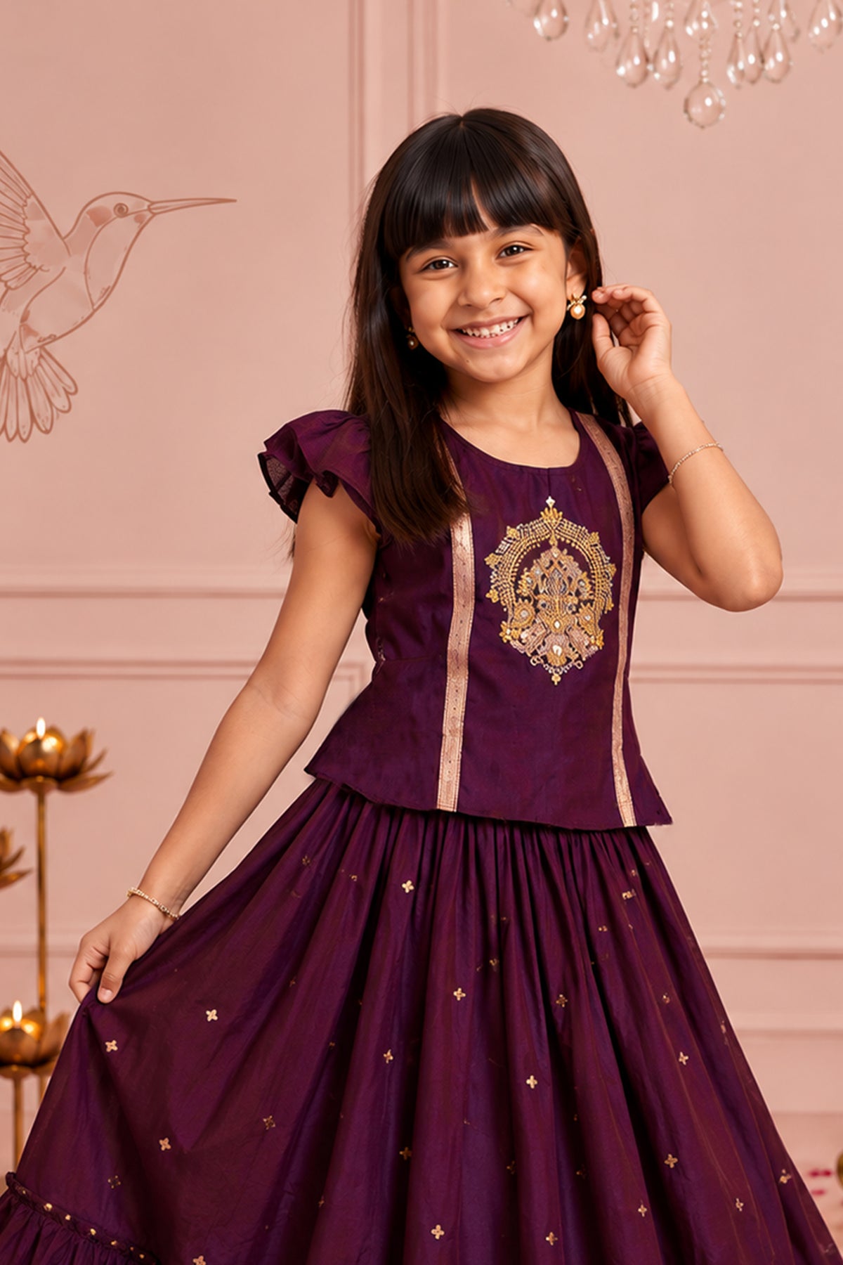 Wine Bird Embroidered Kids Skirt Set