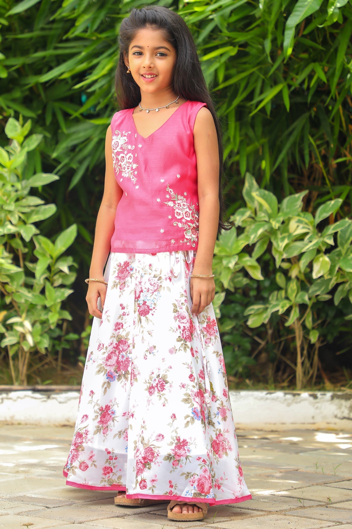 Floral Embroidered Sleeveless Top & All Over Vintage Floral Printed Skirt Set - Pink & White