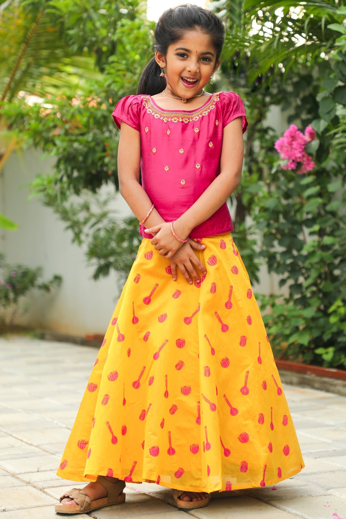 Floral Embroidered Top Raagha Motif Printed Skirt Set Pink Yellow