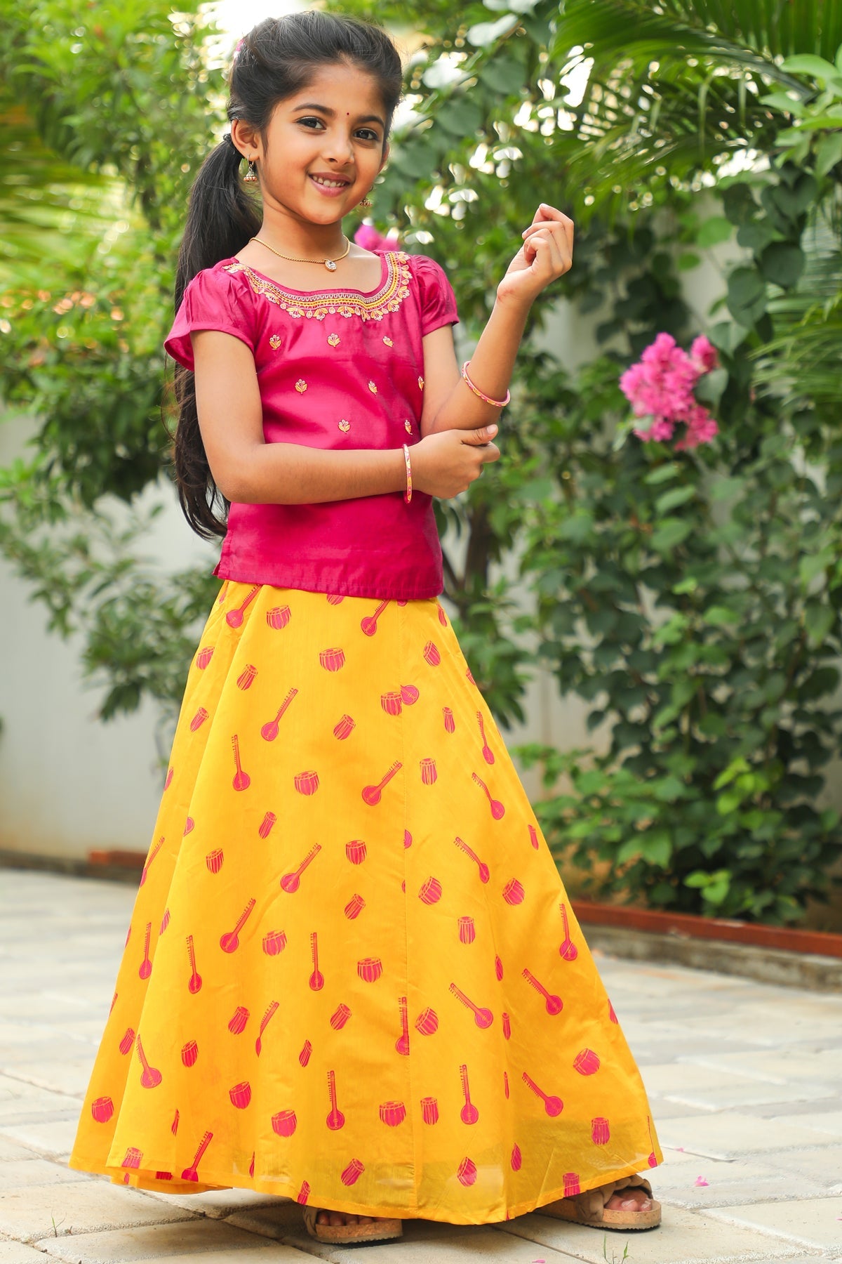 Floral Embroidered Top Raagha Motif Printed Skirt Set Pink Yellow