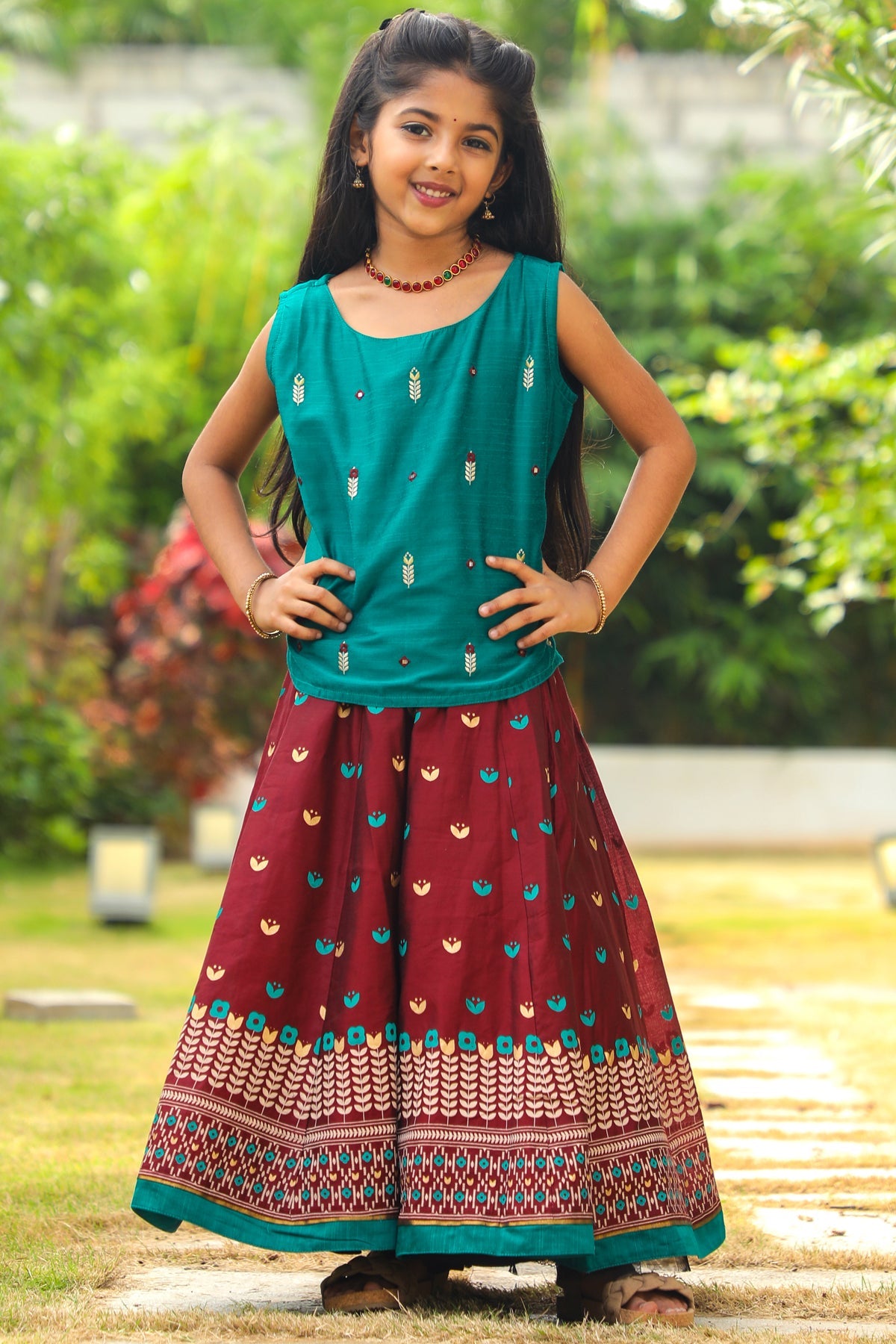 Floral Motif Embroidered Top All Over Geometric Printed Skirt Set Green Maroon
