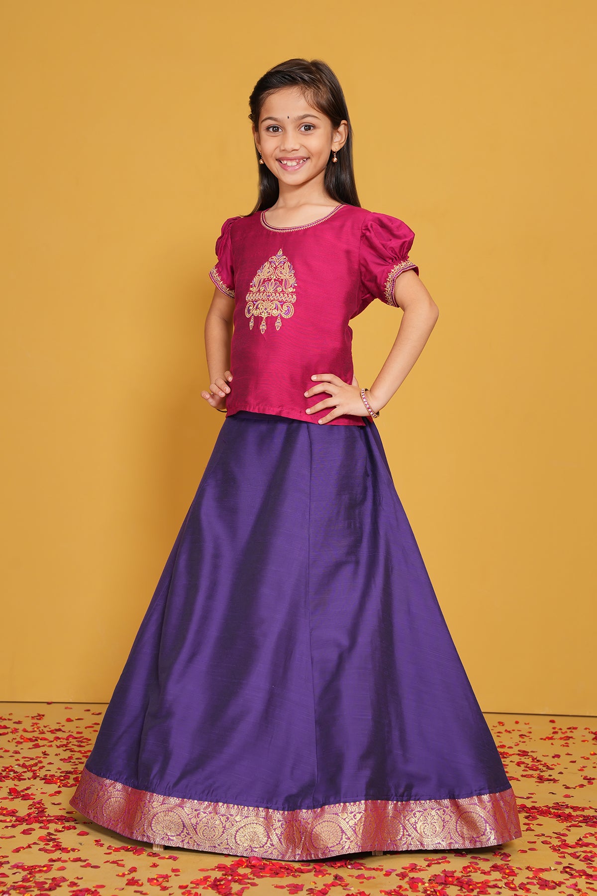 Bird Embroidered Kids Skirt set with Zari Border - Magenta & Purple