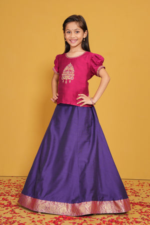 Bird Embroidered Kids Skirt set with Zari Border - Magenta & Purple