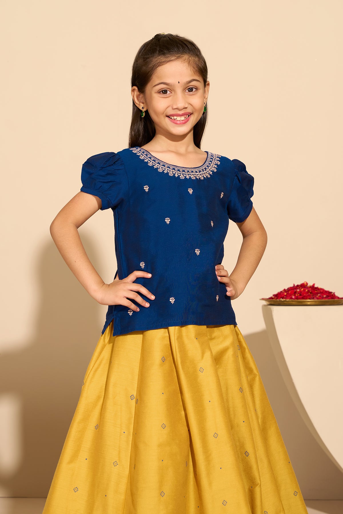 Floral Embroidered Kids Skirt set - Blue & Mustard