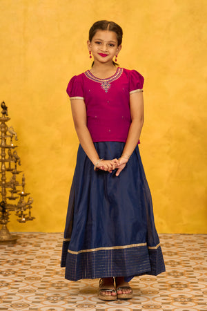 Embroidered Kids Skirtset with Golden Checks Skirt - Magenta & Blue