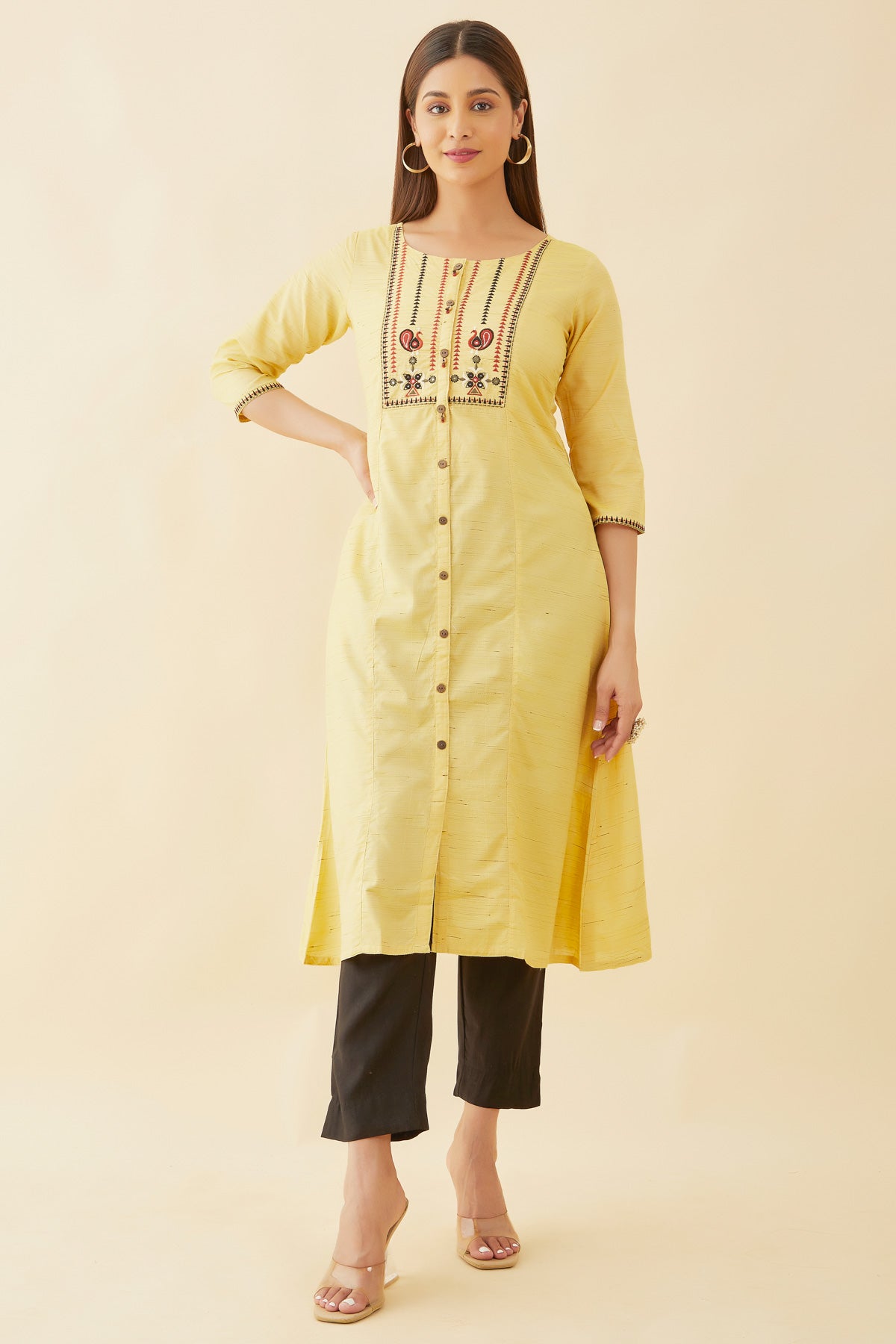 Peacock Placement Geometric Embroidered Kurta Yellow